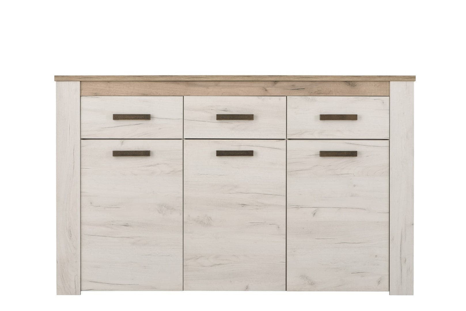Credenza "Denmark", con 3 ante e 3 cassetti, color rovere sbiancato, con struttura in truciolare rivestito, mobile in kit in Credenze Decor Space - Altamura, commercioVirtuoso.it