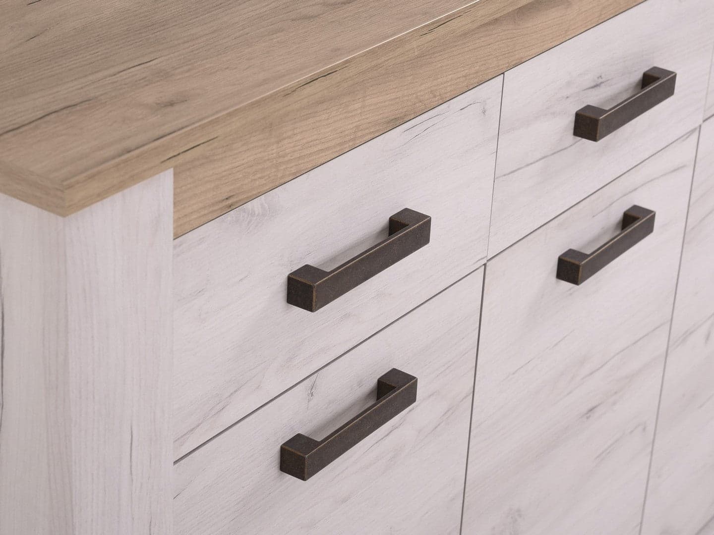 Credenza "Denmark", con 3 ante e 3 cassetti, color rovere sbiancato, con struttura in truciolare rivestito, mobile in kit in Credenze Decor Space - Altamura, commercioVirtuoso.it