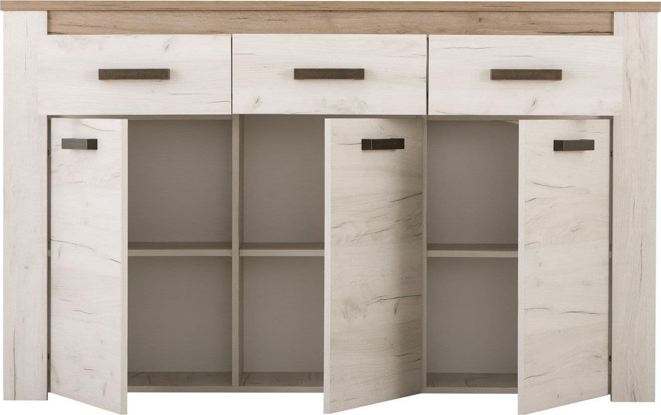 Credenza "Denmark", con 3 ante e 3 cassetti, color rovere sbiancato, con struttura in truciolare rivestito, mobile in kit in Credenze Decor Space - Altamura, commercioVirtuoso.it