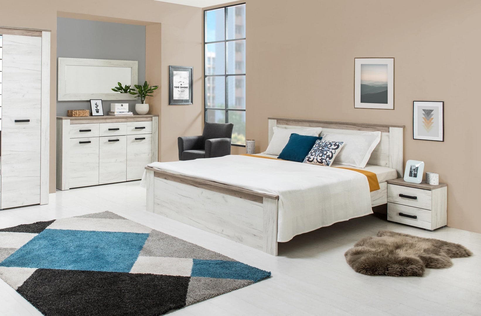 Credenza "Denmark", con 3 ante e 3 cassetti, color rovere sbiancato, con struttura in truciolare rivestito, mobile in kit in Credenze Decor Space - Altamura, commercioVirtuoso.it
