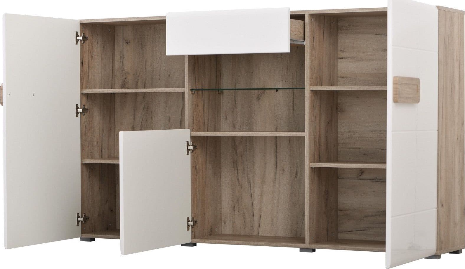 Credenza "Italy", color bianco lucido-rovere, con struttura in truciolare rivestito, mobile in kit in Credenze Decor Space - Altamura, commercioVirtuoso.it