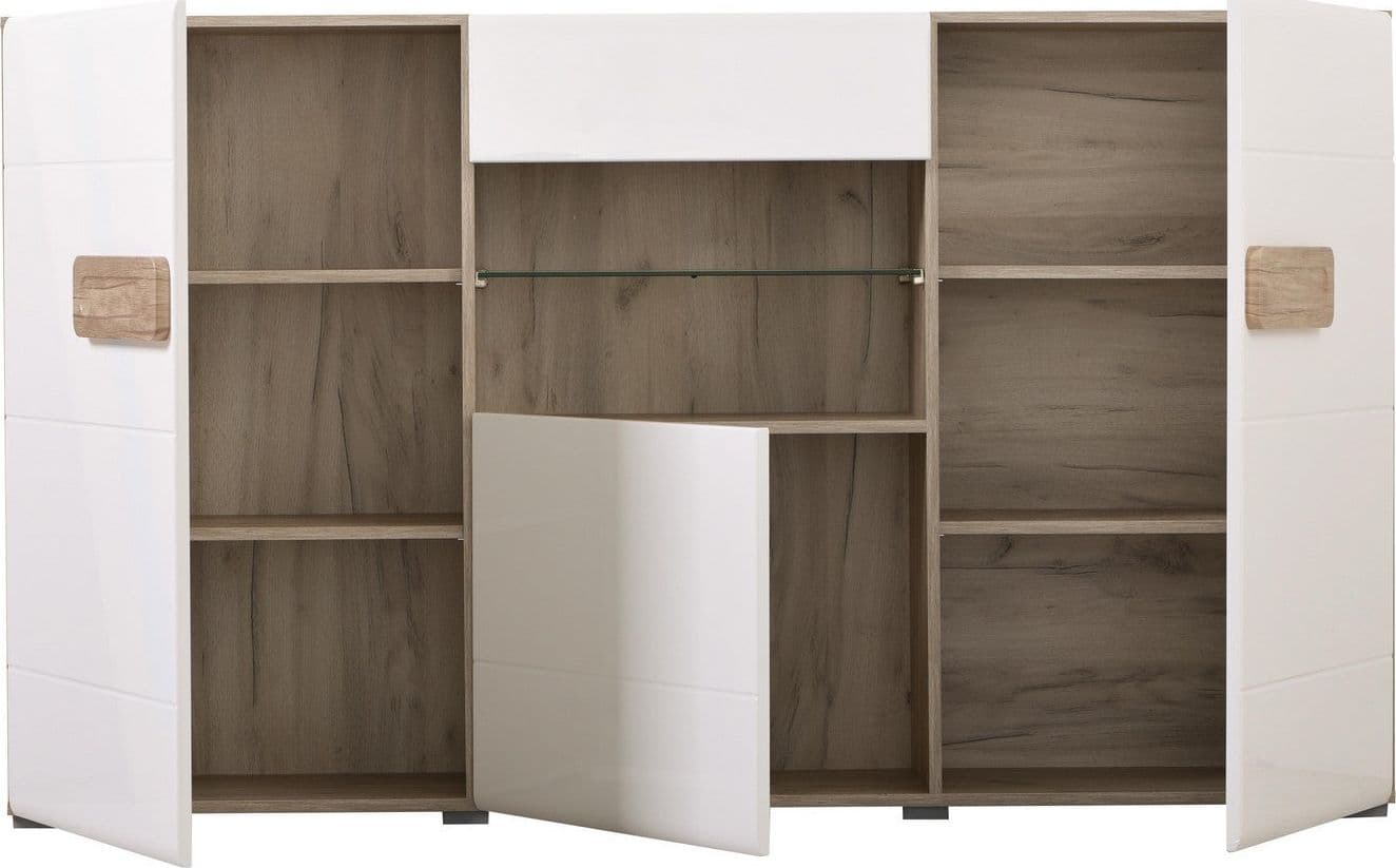 Credenza "Italy", color bianco lucido-rovere, con struttura in truciolare rivestito, mobile in kit in Credenze Decor Space - Altamura, commercioVirtuoso.it