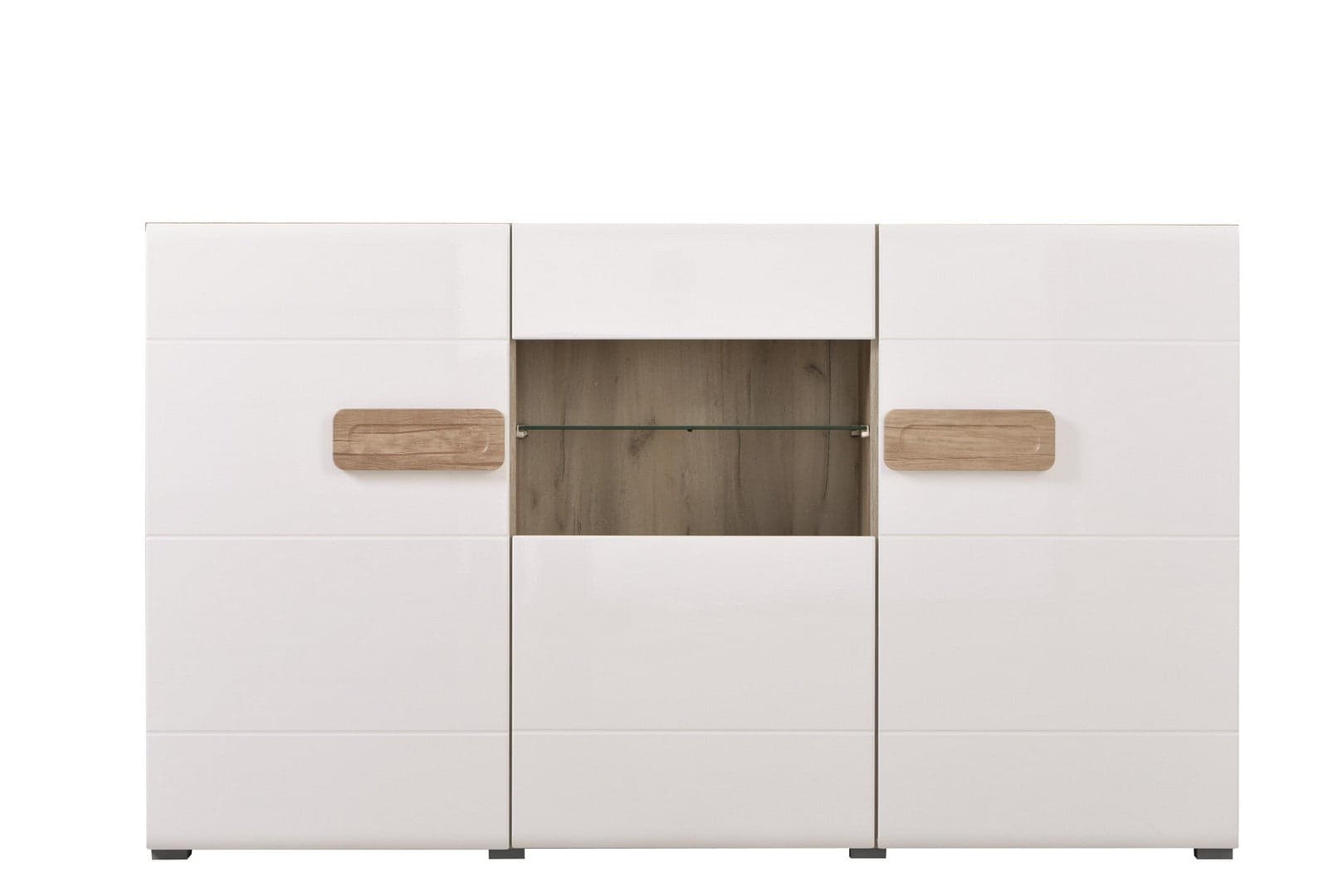 Credenza "Italy", color bianco lucido-rovere, con struttura in truciolare rivestito, mobile in kit in Credenze Decor Space - Altamura, commercioVirtuoso.it