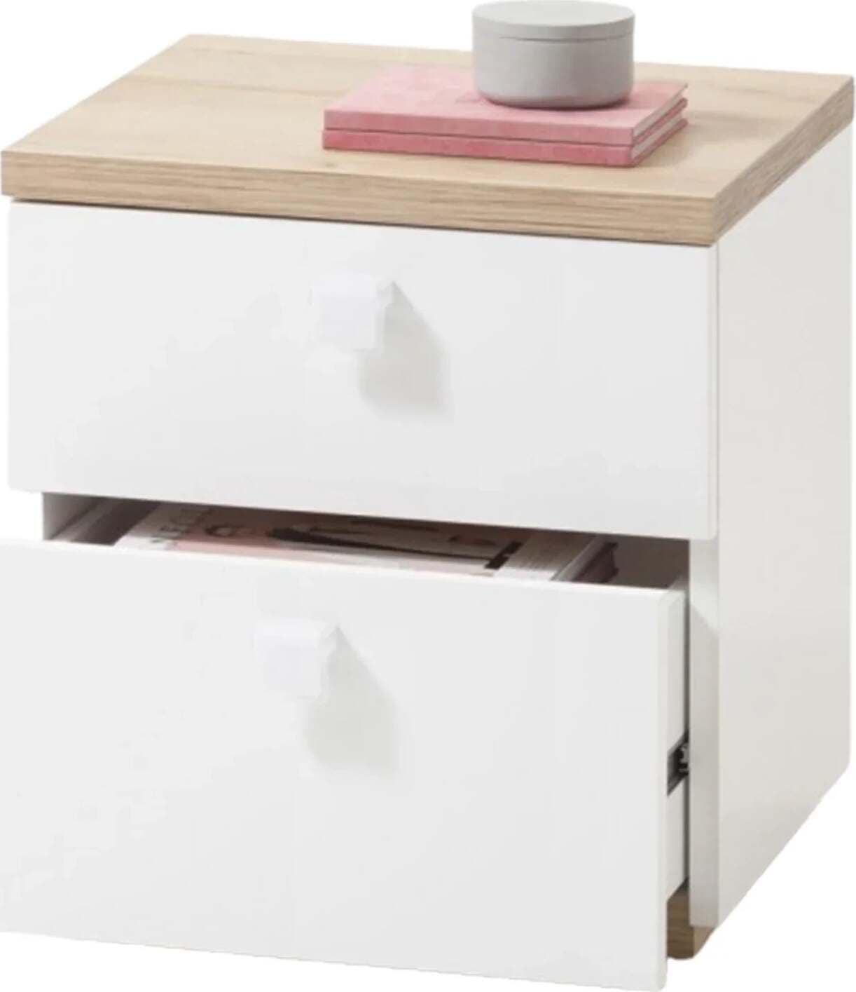 Comodino bianco laccato Globo con 2 cassetti per cameretta moderna