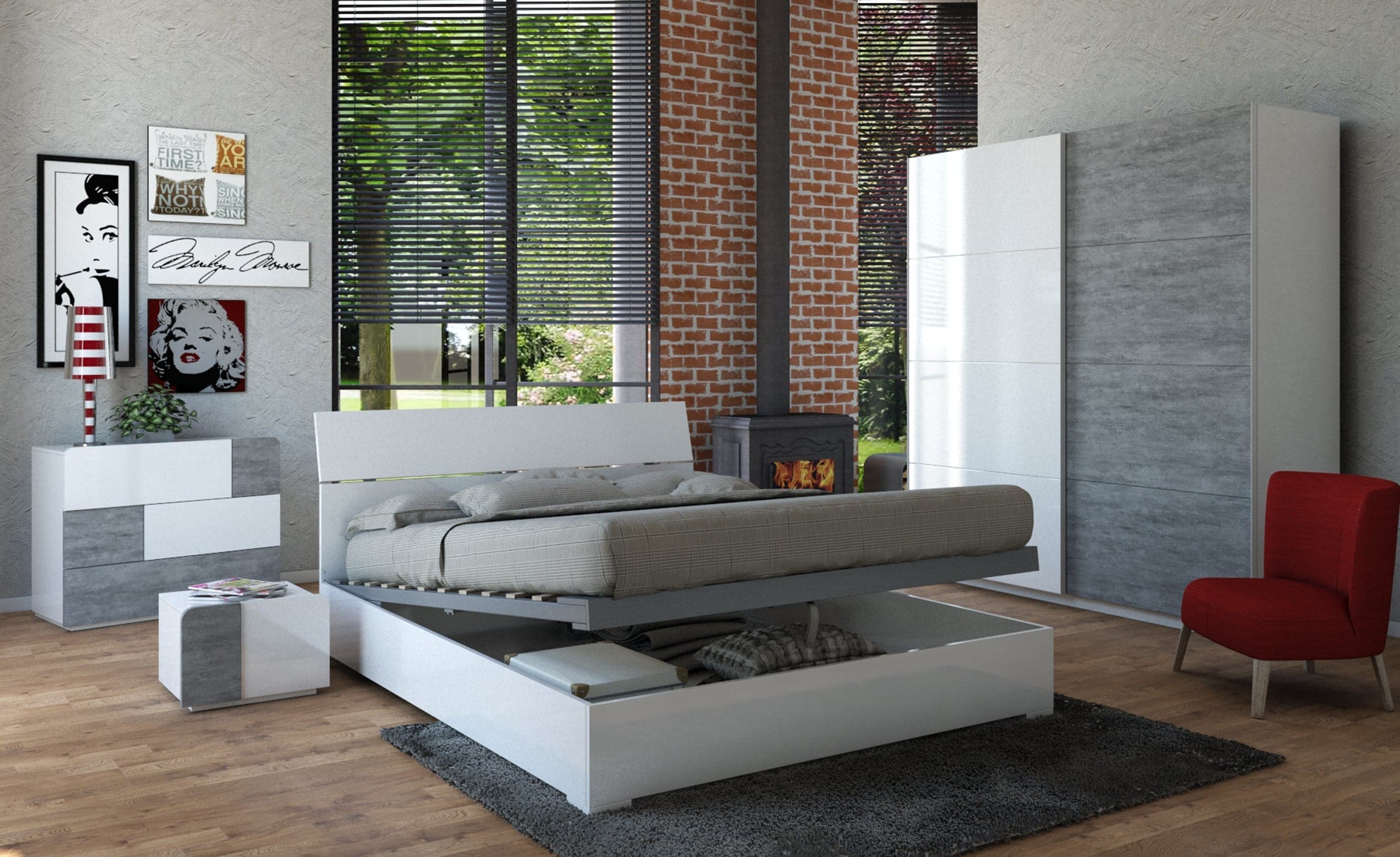 Comodino bianco lucido e cemento per stanza da letto e cameretta "Made in Italy" in Comodini Decor Space - Altamura, commercioVirtuoso.it