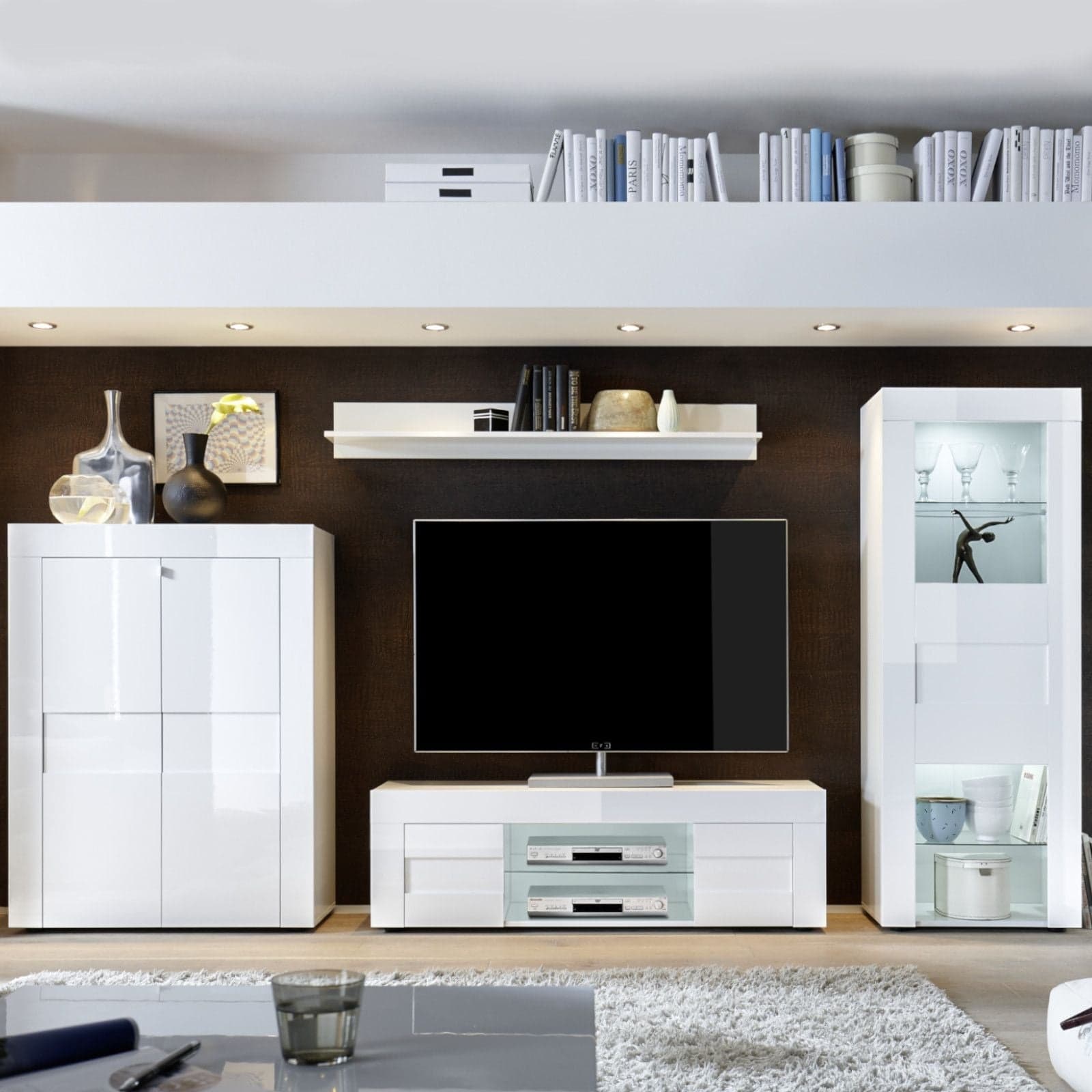 Madia porta TV con 2 ante "Build" mobile basso con ripiani in vetro Bianco laccato h 44 cm in Pareti attrezzate Decor Space - Altamura, commercioVirtuoso.it