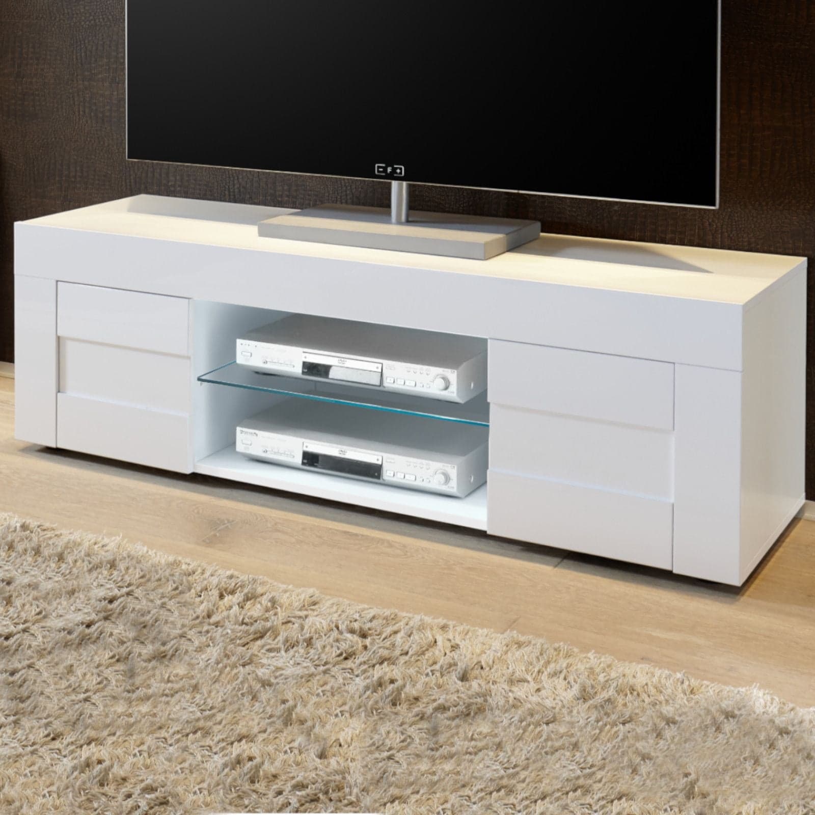 Madia porta TV con 2 ante "Build" mobile basso con ripiani in vetro Bianco laccato h 44 cm in Pareti attrezzate Decor Space - Altamura, commercioVirtuoso.it