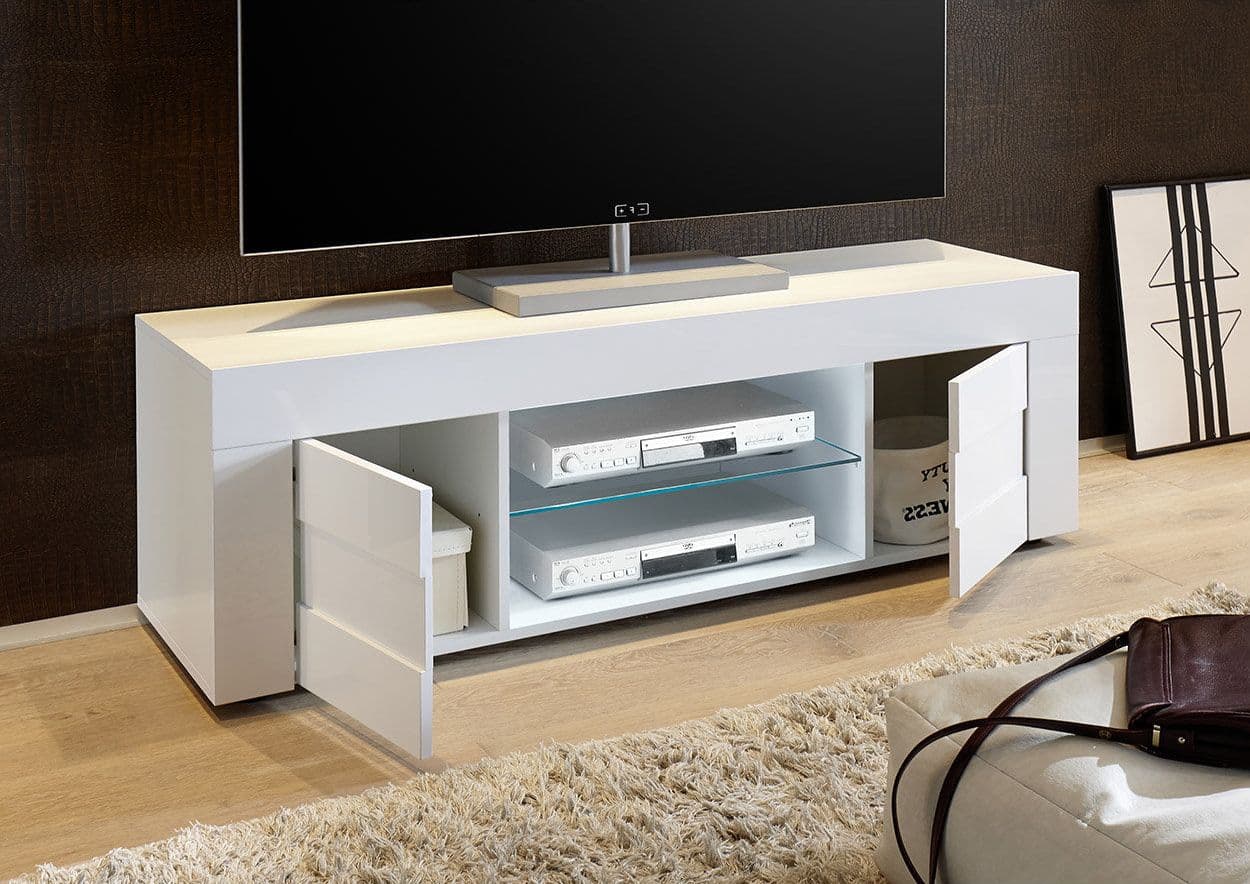 Madia porta TV con 2 ante "Build" mobile basso con ripiani in vetro Bianco laccato h 44 cm in Pareti attrezzate Decor Space - Altamura, commercioVirtuoso.it