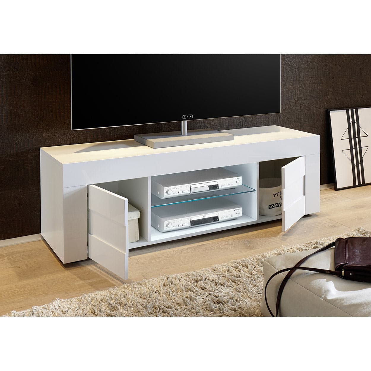 Madia porta TV con 2 ante "Build" mobile basso con ripiani in vetro Bianco laccato h 44 cm in Pareti attrezzate Decor Space - Altamura, commercioVirtuoso.it