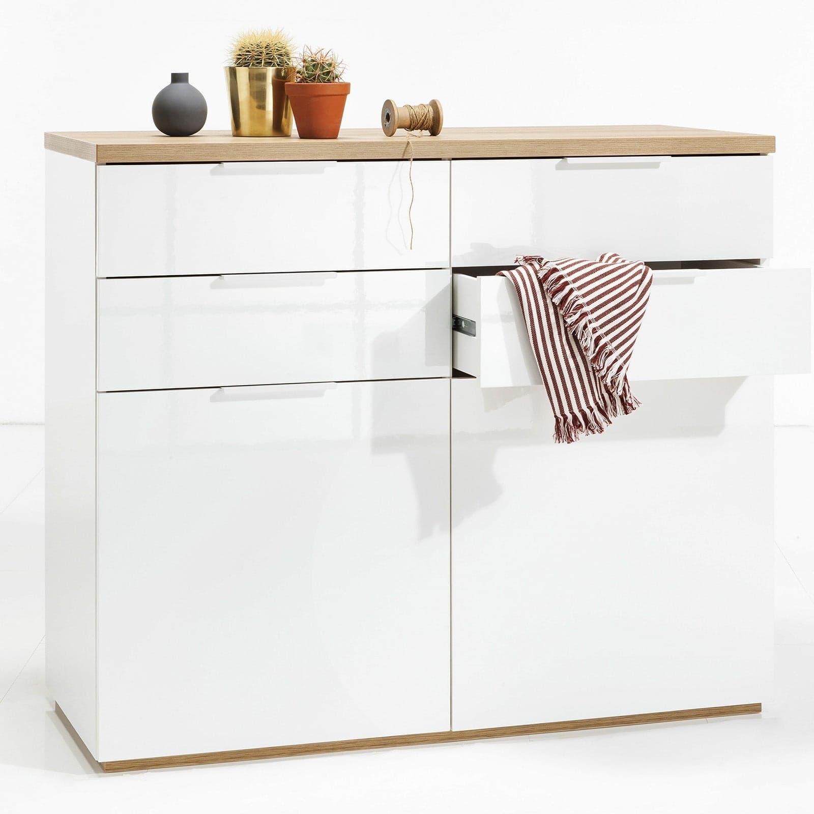 Madia multiuso "Mundi" 2 ante e 4 cassetti bianco laccato arredamento moderno h 102 cm in Cassettiere Decor Space - Altamura, commercioVirtuoso.it