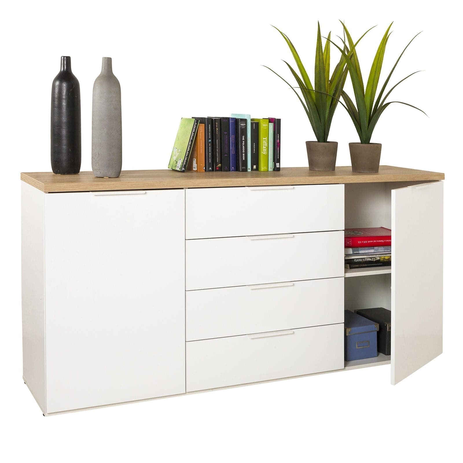 Cassettiera multiuso "Mundi" con 4 cassetti e 2 ante Rovere e Bianco h 82 cm