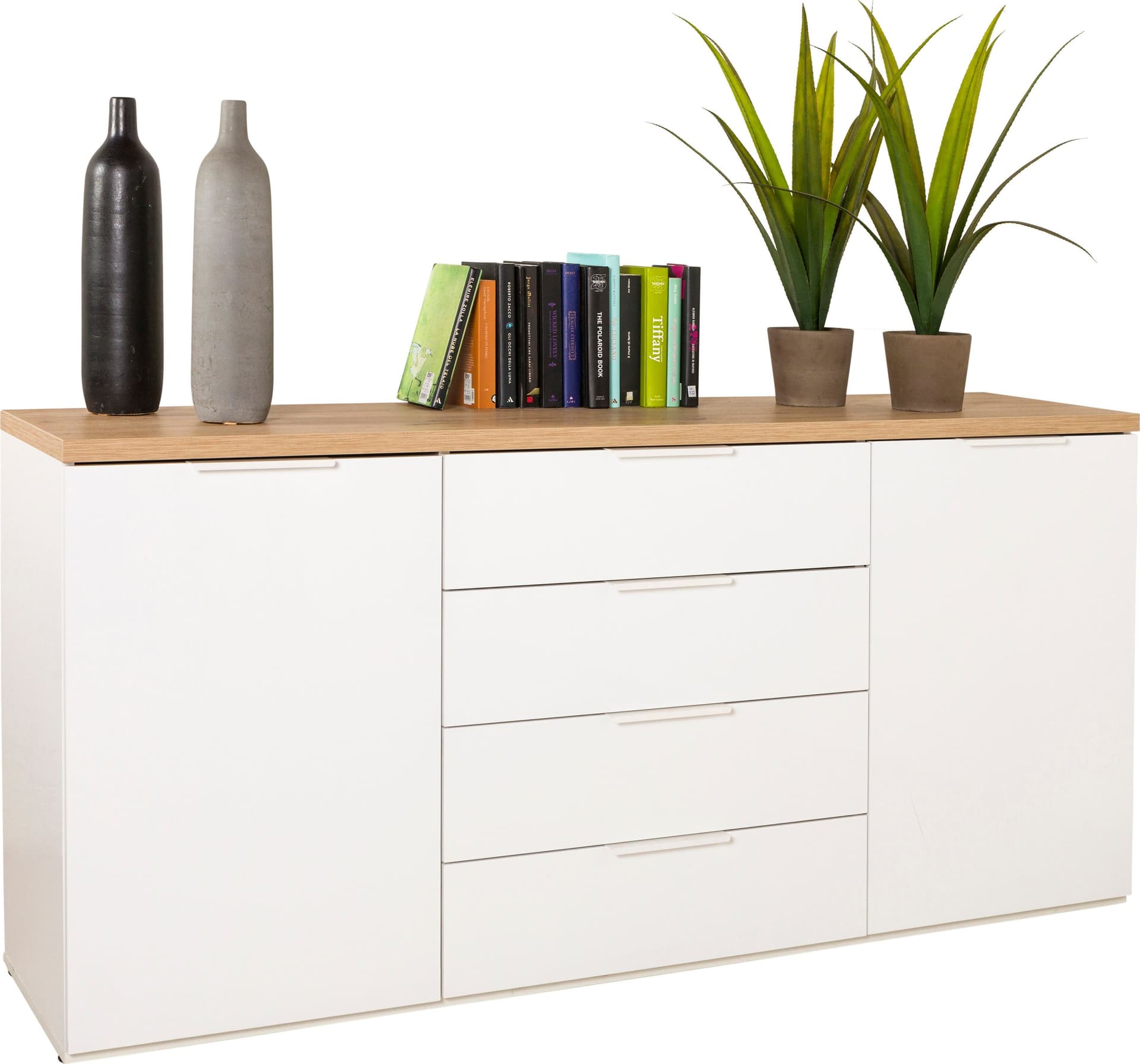 Cassettiera multiuso "Mundi" con 4 cassetti e 2 ante Rovere e Bianco h 82 cm in Cassettiere Decor Space - Altamura, commercioVirtuoso.it