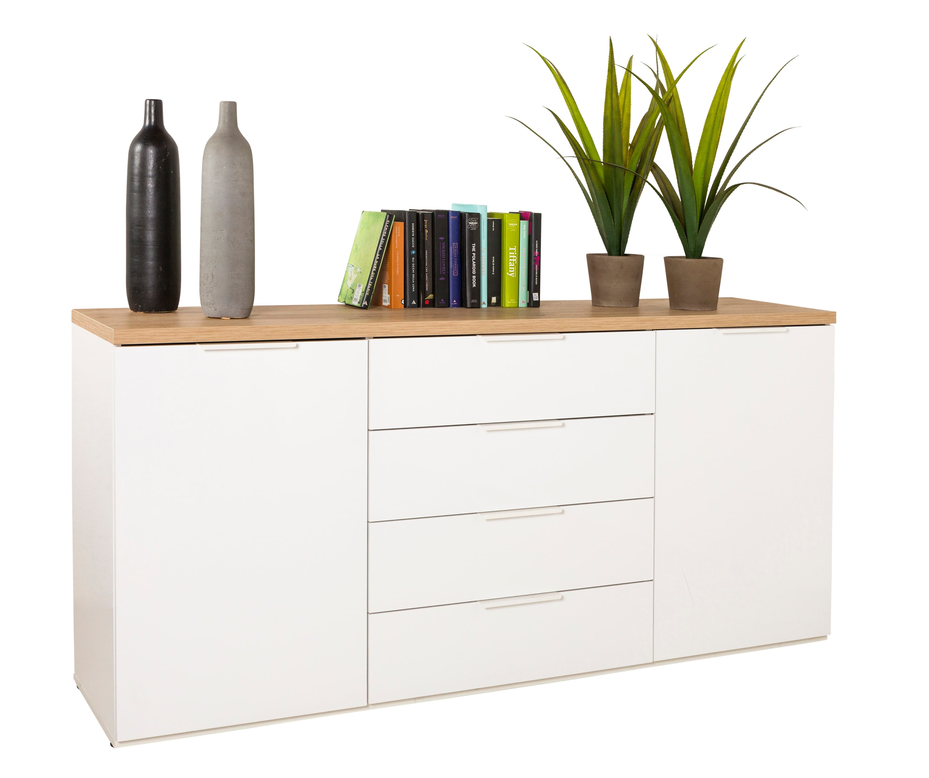 Cassettiera multiuso "Mundi" con 4 cassetti e 2 ante Rovere e Bianco h 82 cm in Cassettiere Decor Space - Altamura, commercioVirtuoso.it