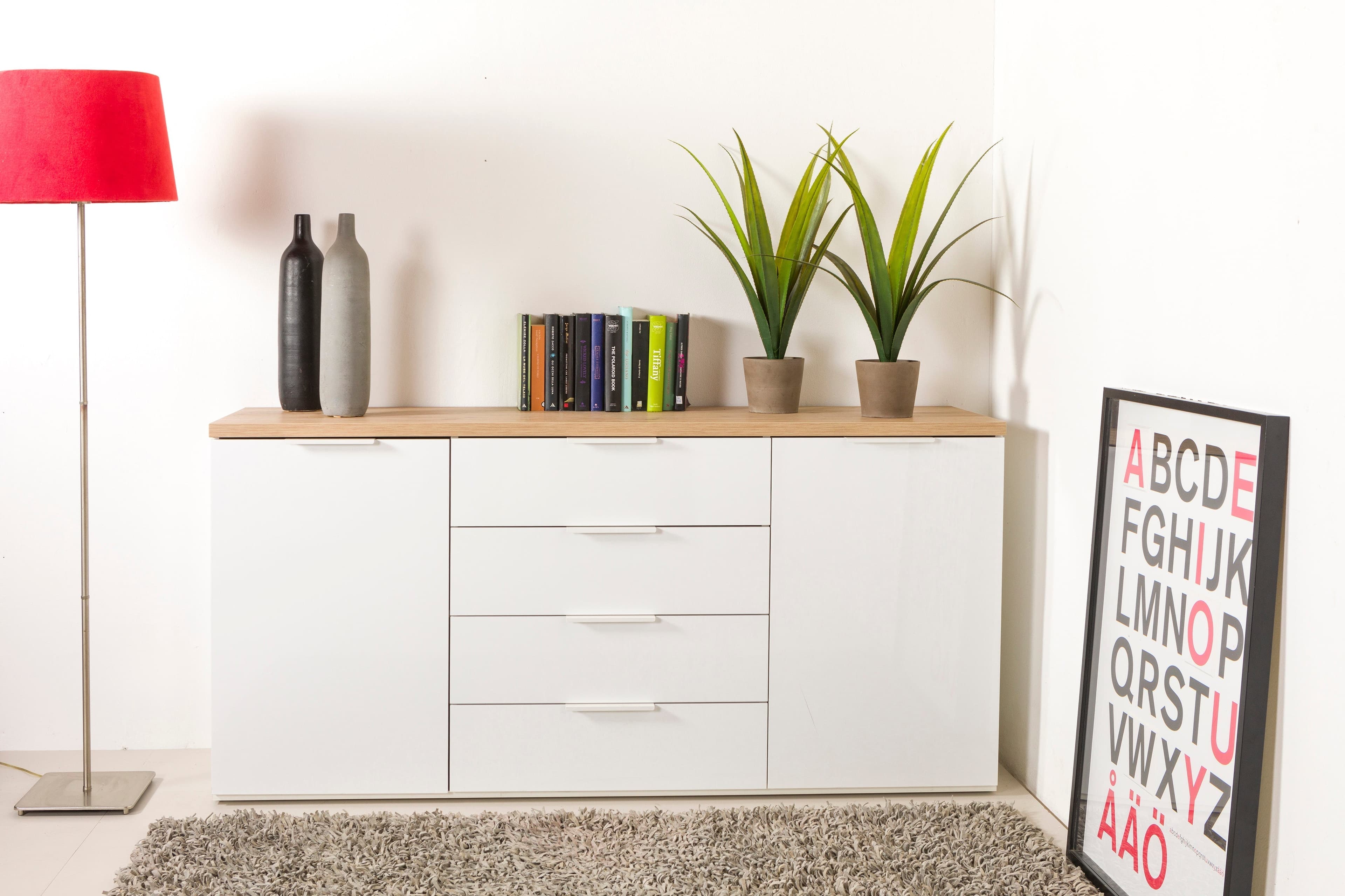 Cassettiera multiuso "Mundi" con 4 cassetti e 2 ante Rovere e Bianco h 82 cm in Cassettiere Decor Space - Altamura, commercioVirtuoso.it