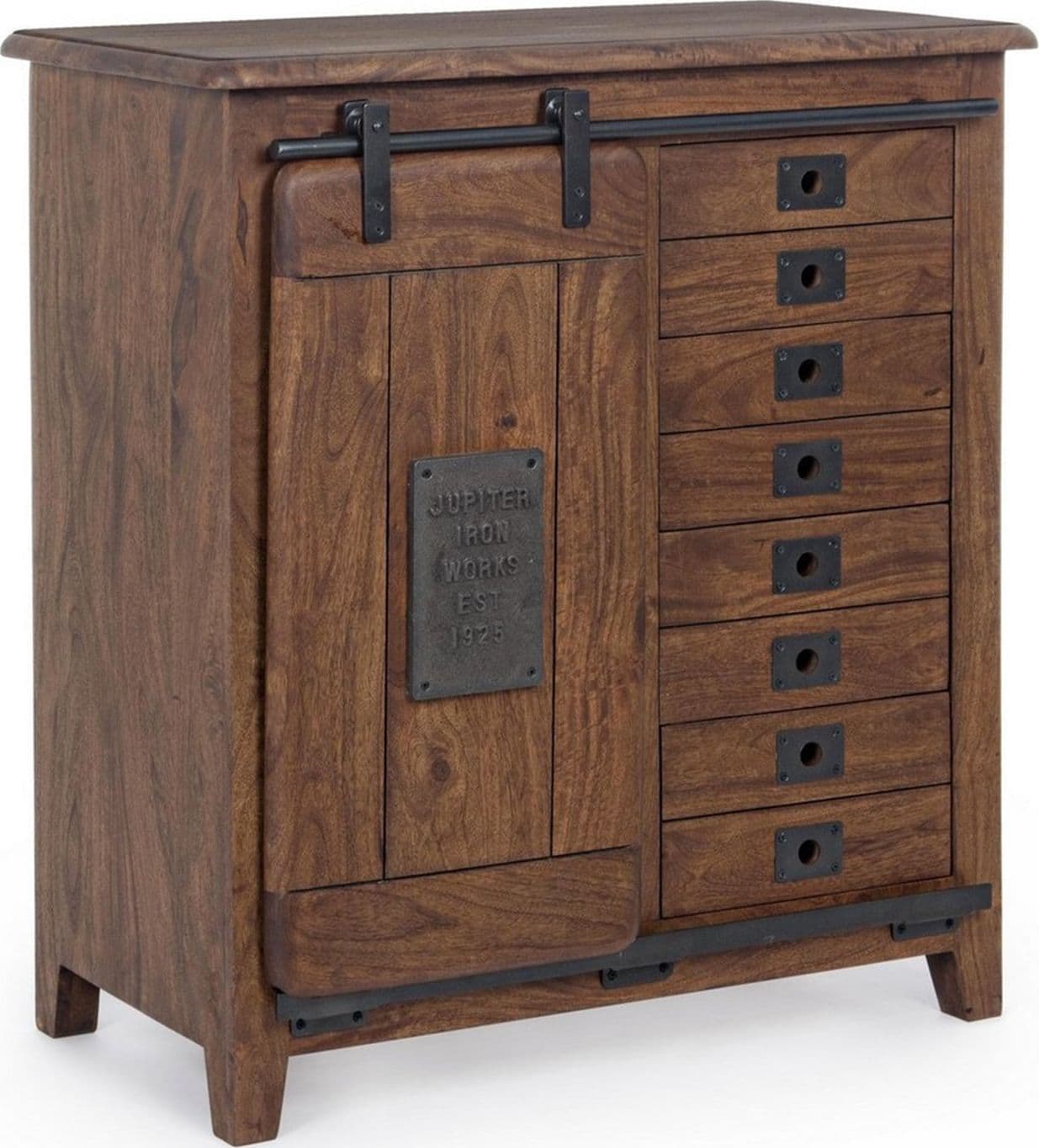Credenza "Jupiter" con struttura in legno di mango, maniglie in acciaio, stile vintage – 1 Anta - 4 Cassetti – Bizzotto