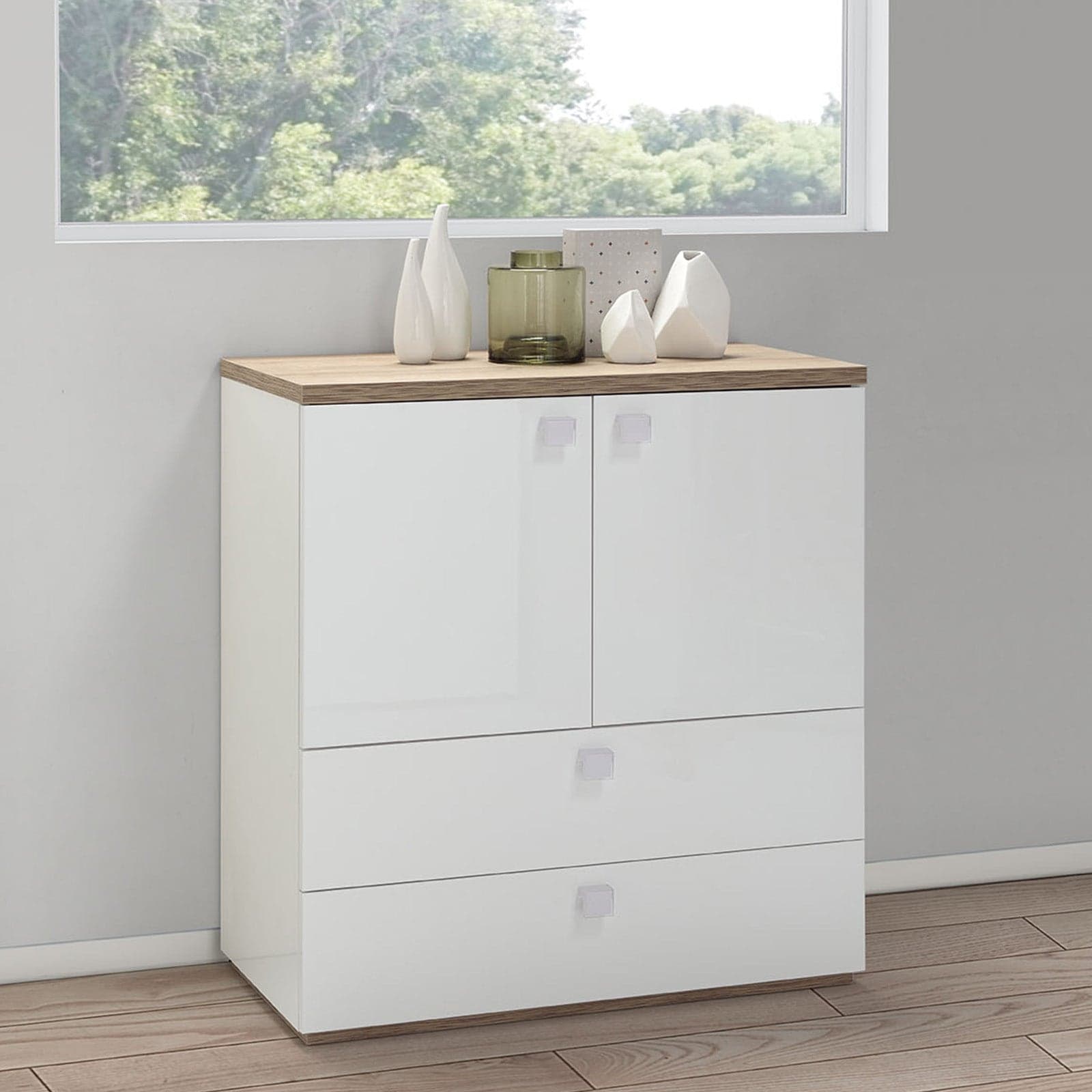 Armadio Basso 2 ante e 2 cassetti Rovere e Bianco Laccato per cameretta moderna Casa e cucina/Arredamento/Camera da letto/Armadi Decor Space - Altamura, Commerciovirtuoso.it