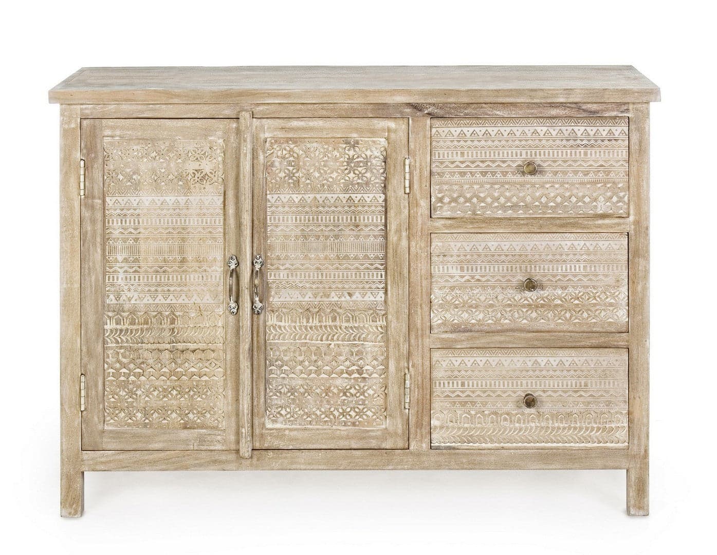 Credenza "Mayra" con struttura in legno di mango, decorazioni a mano, stile naturale in Credenze Decor Space - Altamura, commercioVirtuoso.it
