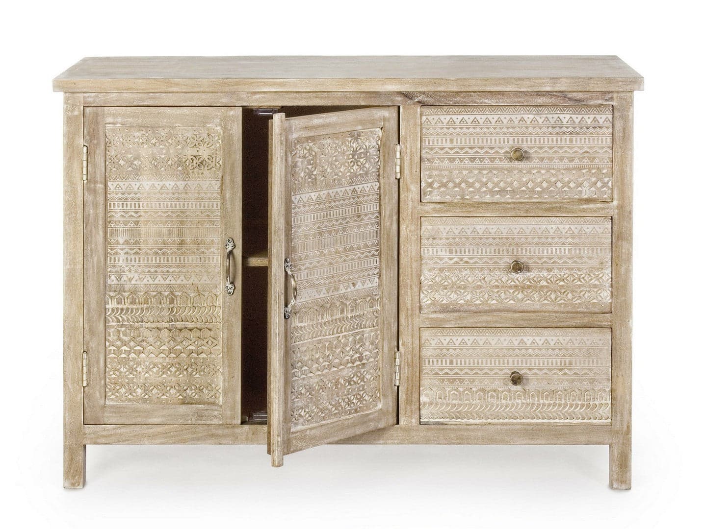 Credenza "Mayra" con struttura in legno di mango, decorazioni a mano, stile naturale in Credenze Decor Space - Altamura, commercioVirtuoso.it
