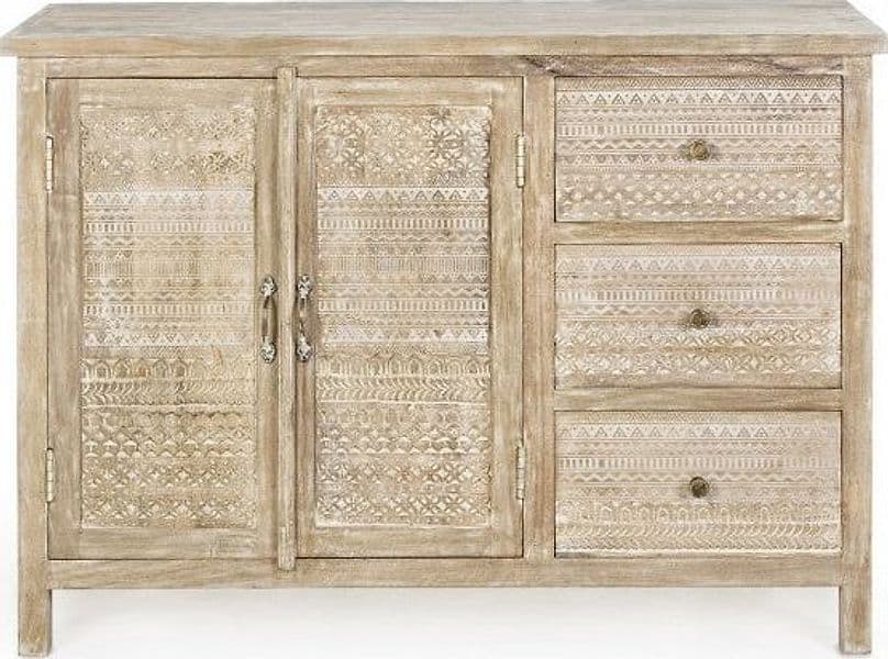 Credenza "Mayra" con struttura in legno di mango, decorazioni a mano, stile naturale in Credenze Decor Space - Altamura, commercioVirtuoso.it