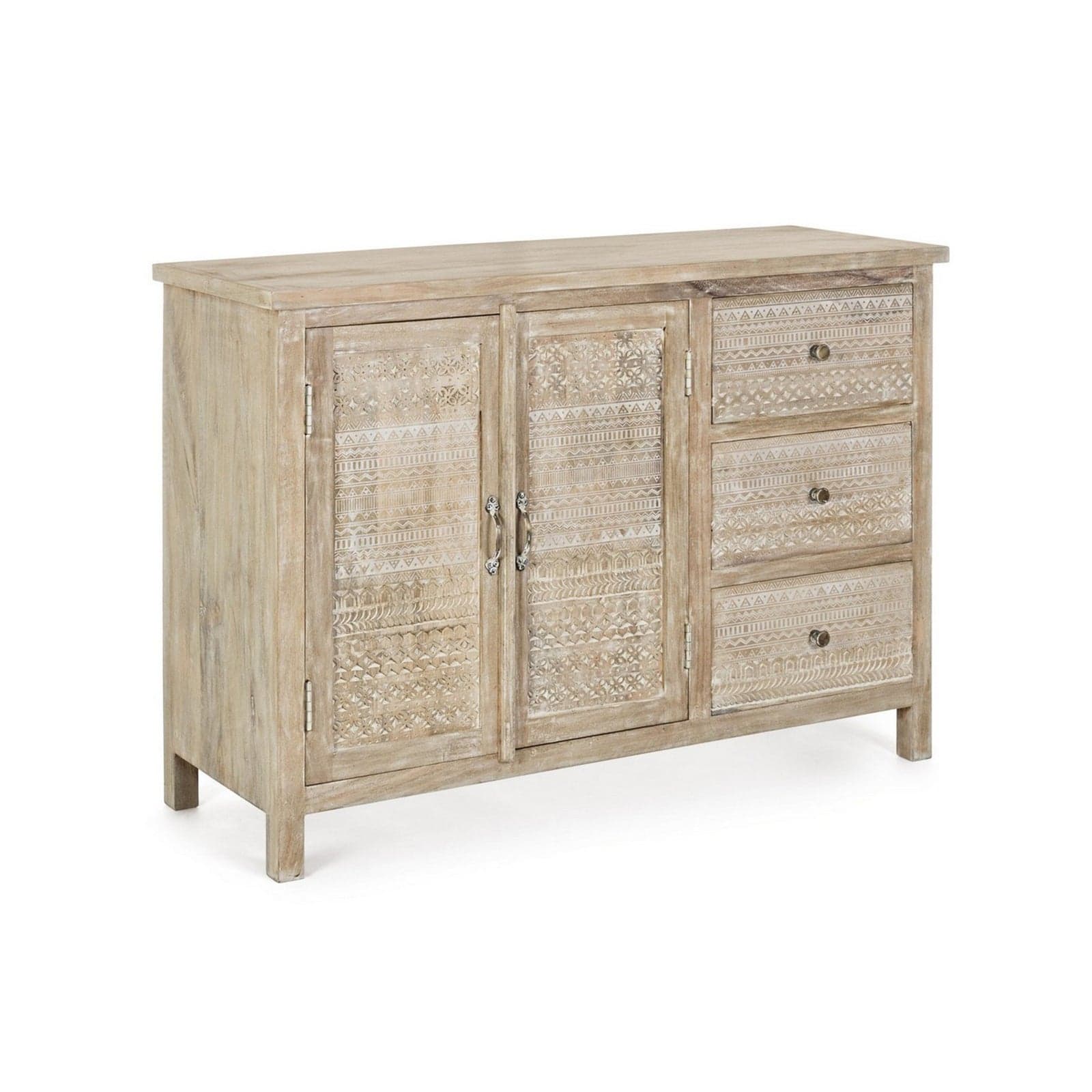 Credenza "Mayra" con struttura in legno di mango, decorazioni a mano, stile naturale in Credenze Decor Space - Altamura, commercioVirtuoso.it