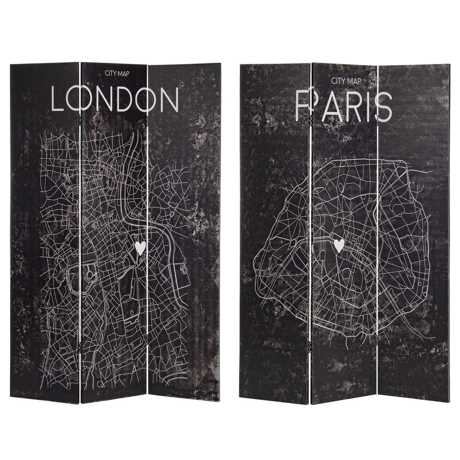 Paravento separè 3 pannelli "Maps" stampa su tela nero in legno 120 x 180 cm - 3