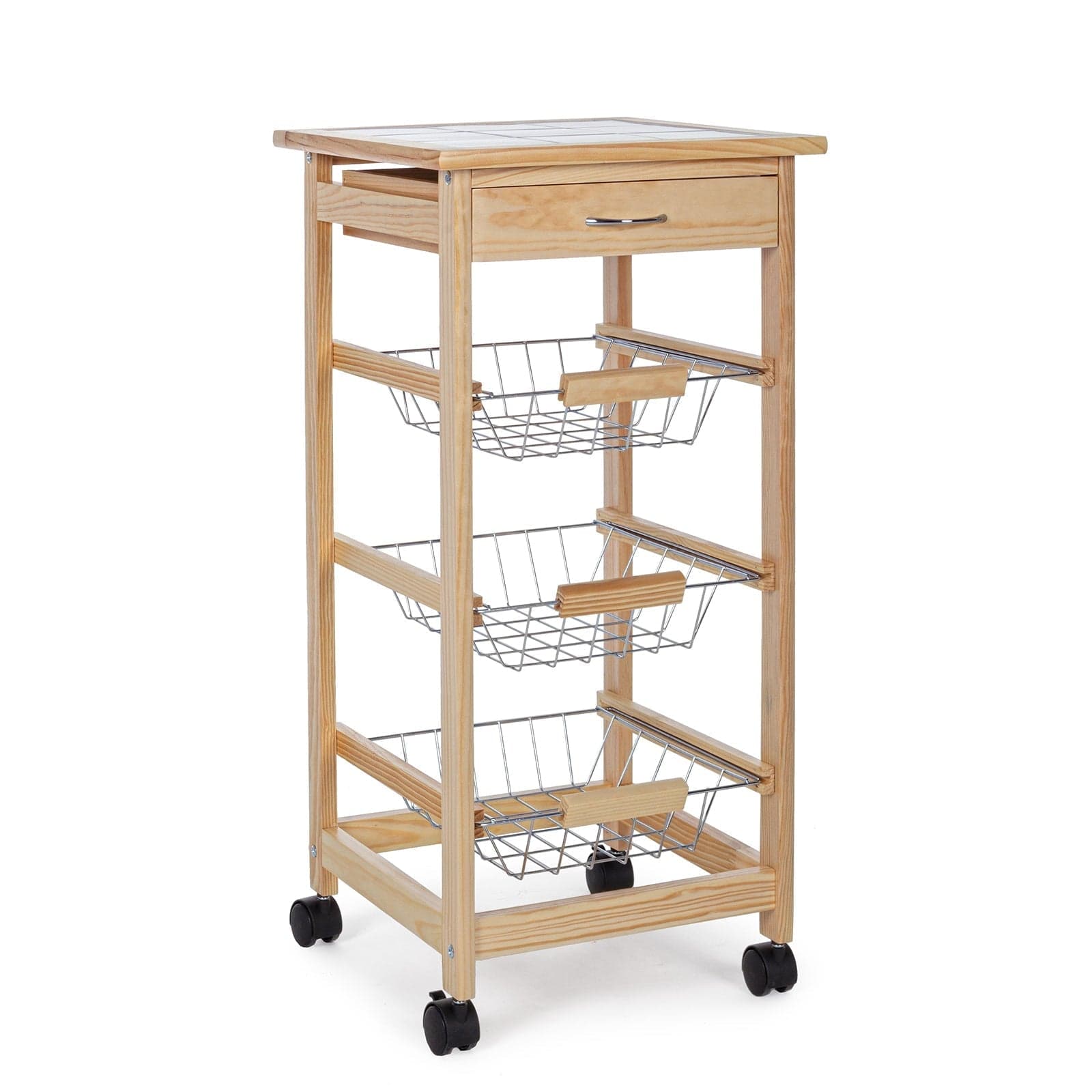 Carrello con ruote da cucina in Legno con 1 cassetto e 3 ceste portafrutta in metallo, porta pane e tagliere in Carrelli portafrutta Decor Space - Altamura, commercioVirtuoso.it