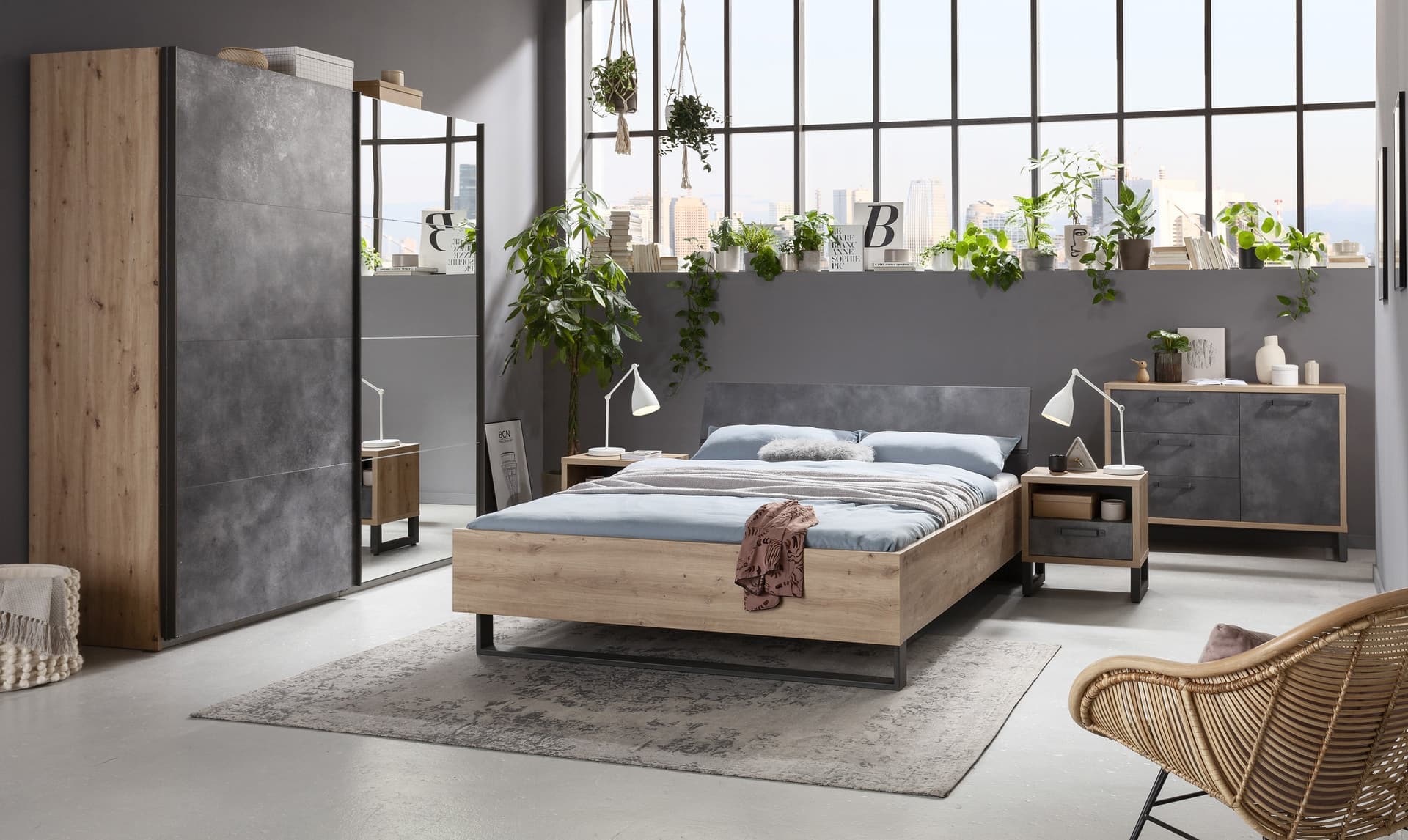 Letto moderno matrimoniale "Lafabrica" struttura in legno rovere e nero con spalliera in Materassi Decor Space - Altamura, commercioVirtuoso.it