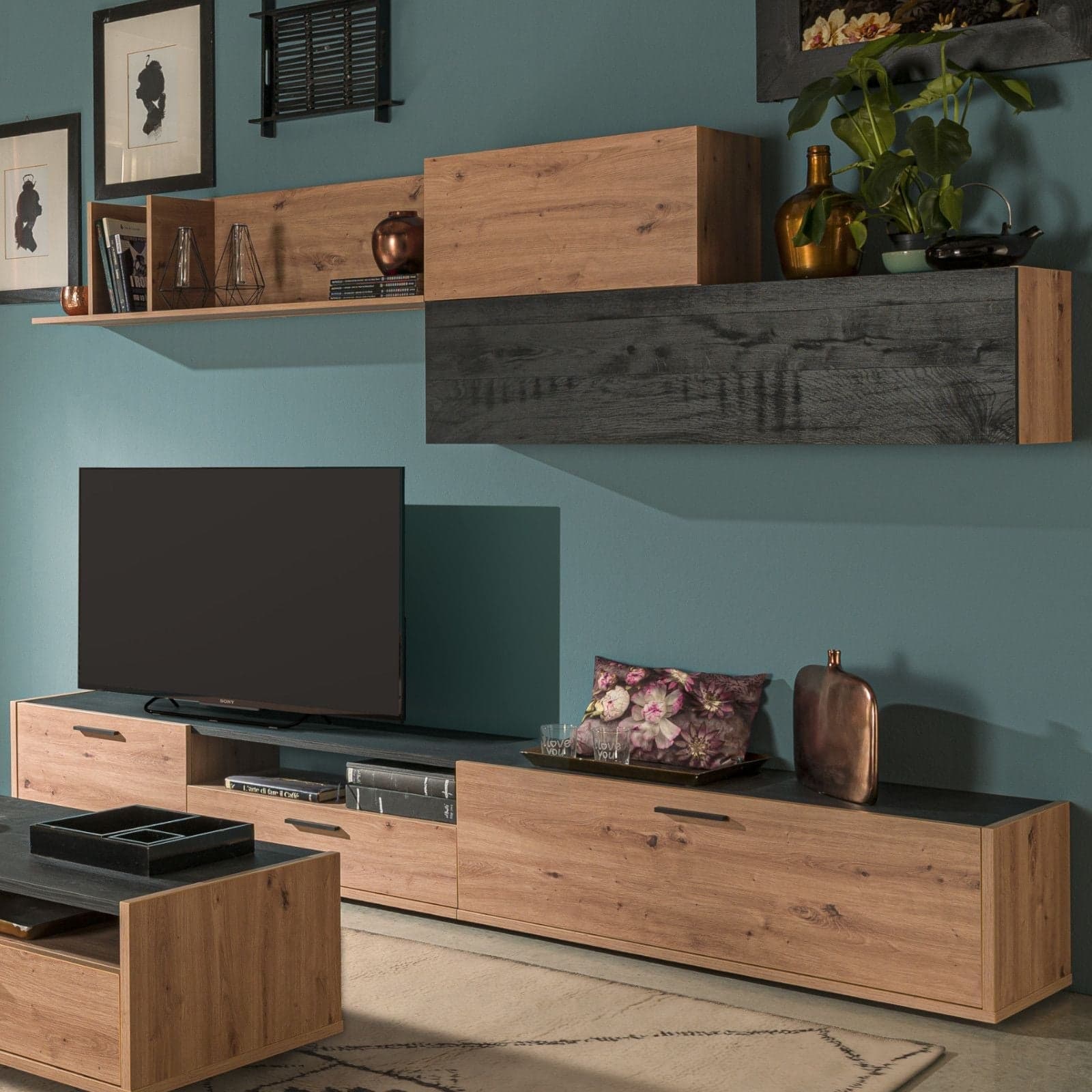 Parete attrezzata per soggiorno porta TV con ripiani ed ante Rovere e Nero 270 cm in Pareti attrezzate Decor Space - Altamura, commercioVirtuoso.it