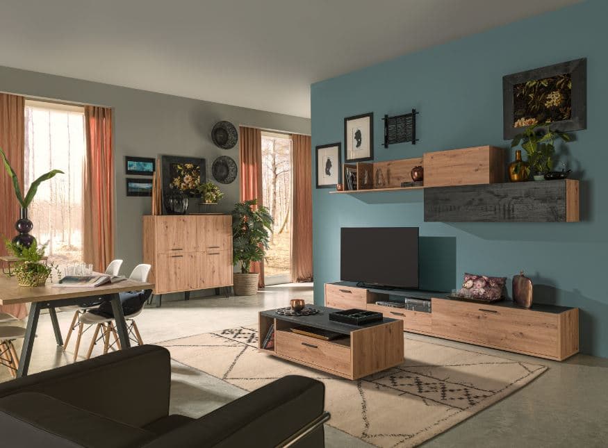 Parete attrezzata per soggiorno porta TV con ripiani ed ante Rovere e Nero 270 cm in Pareti attrezzate Decor Space - Altamura, commercioVirtuoso.it