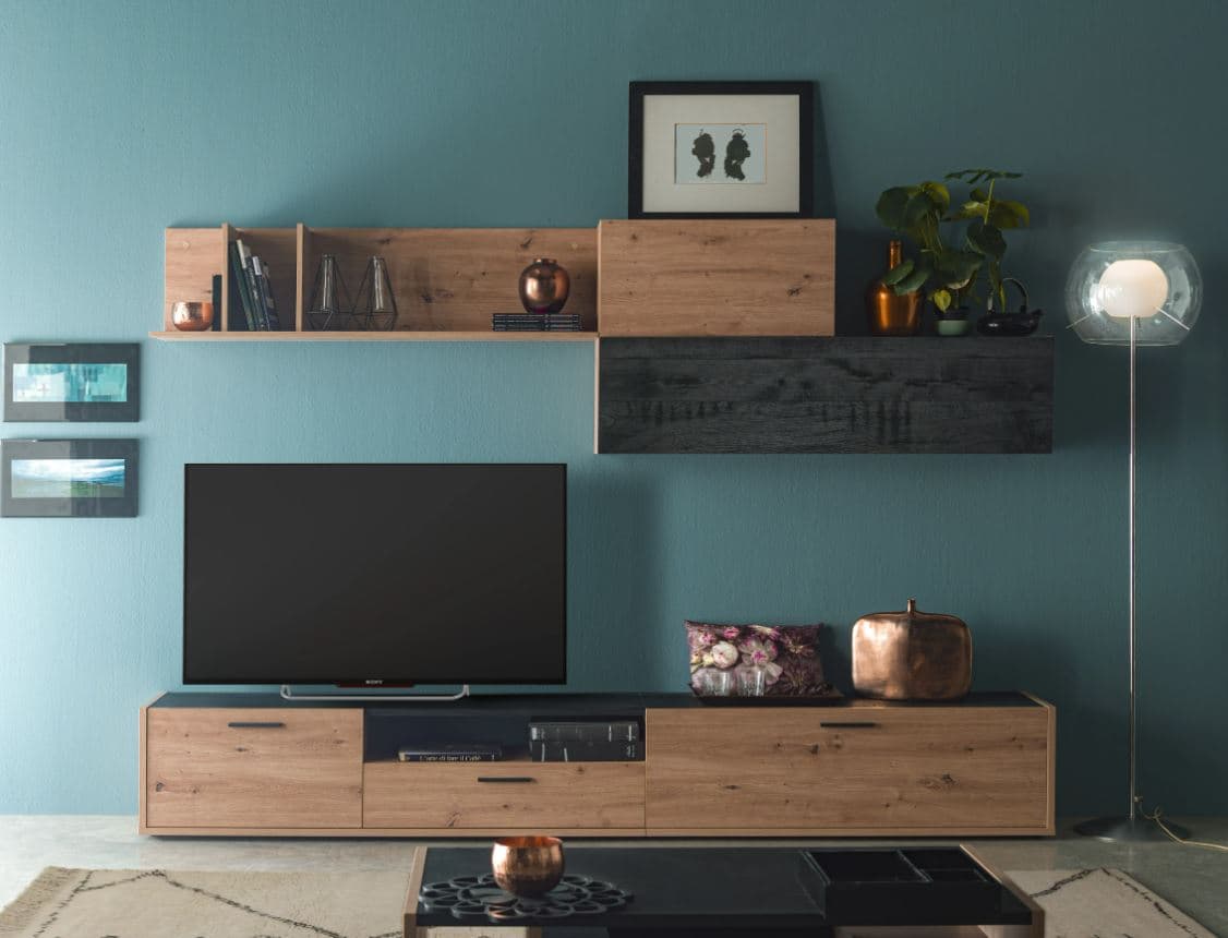 Parete attrezzata per soggiorno porta TV con ripiani ed ante Rovere e Nero 270 cm in Pareti attrezzate Decor Space - Altamura, commercioVirtuoso.it