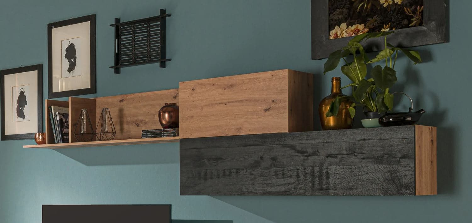 Parete attrezzata per soggiorno porta TV con ripiani ed ante Rovere e Nero 270 cm in Pareti attrezzate Decor Space - Altamura, commercioVirtuoso.it