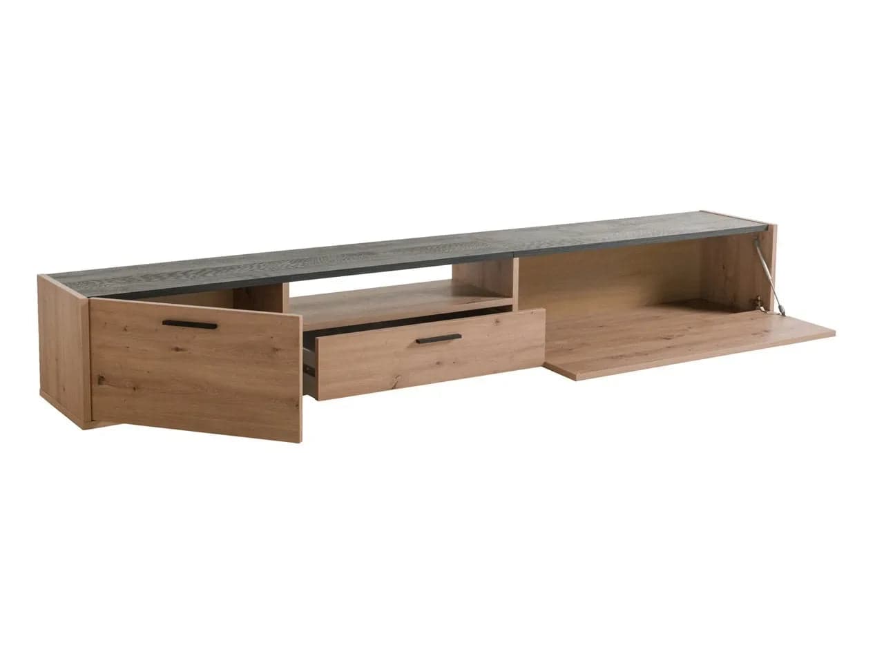 Parete attrezzata per soggiorno porta TV con ripiani ed ante Rovere e Nero 270 cm in Pareti attrezzate Decor Space - Altamura, commercioVirtuoso.it