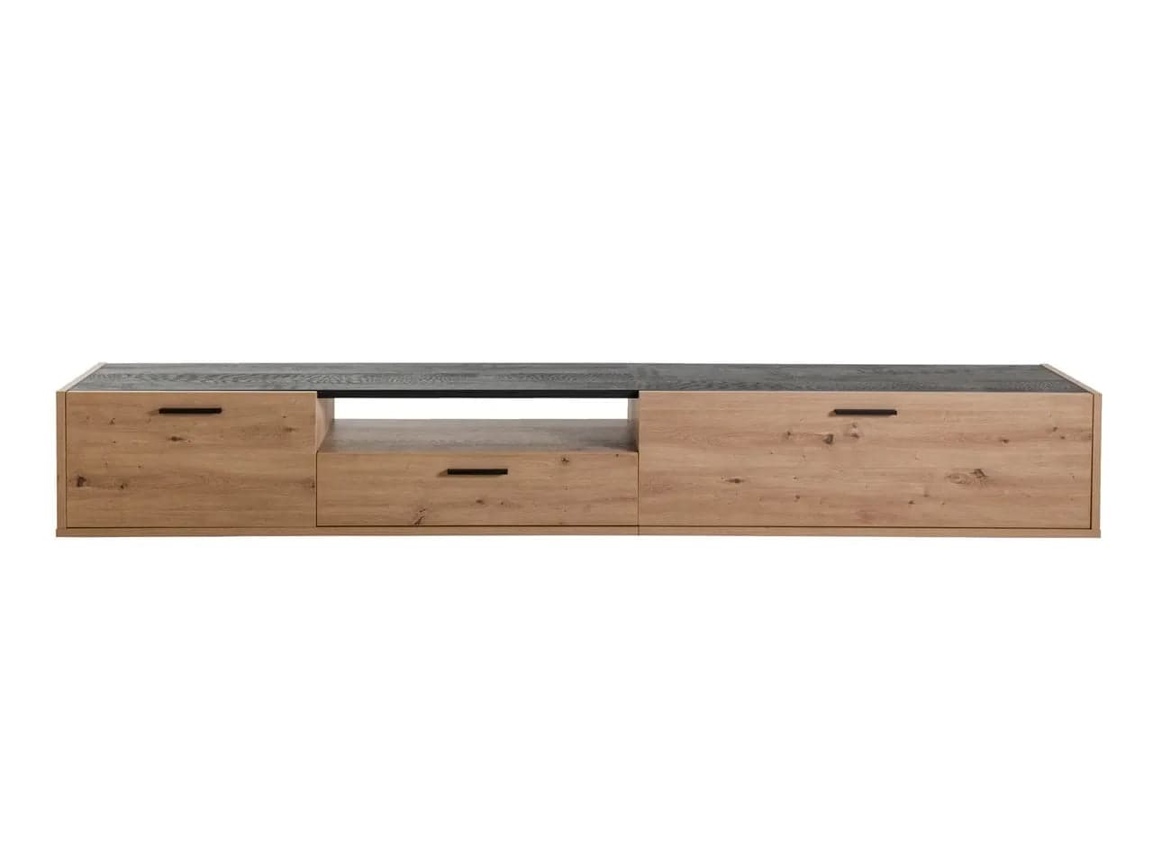 Parete attrezzata per soggiorno porta TV con ripiani ed ante Rovere e Nero 270 cm in Pareti attrezzate Decor Space - Altamura, commercioVirtuoso.it