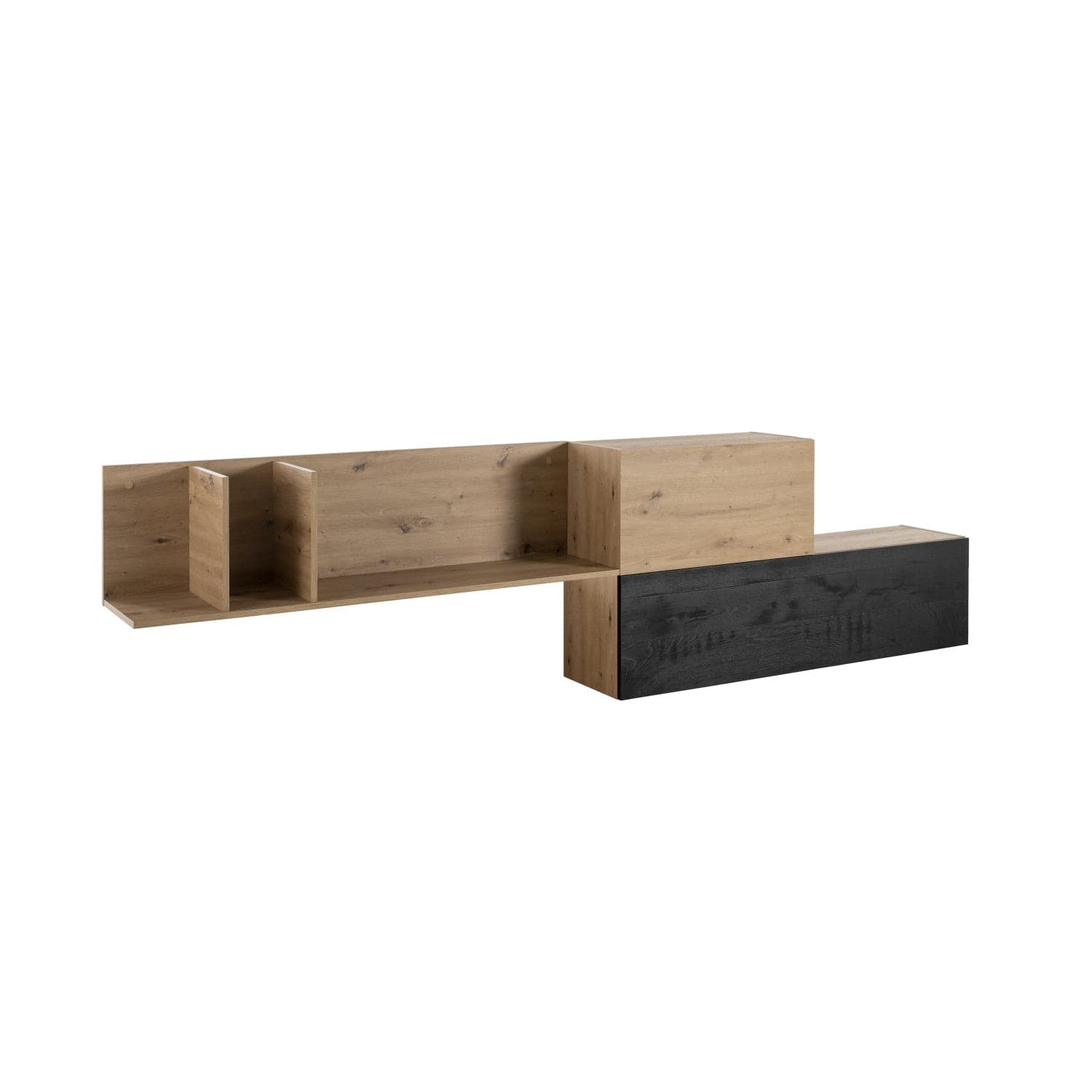 Parete attrezzata per soggiorno porta TV con ripiani ed ante Rovere e Nero 270 cm in Pareti attrezzate Decor Space - Altamura, commercioVirtuoso.it