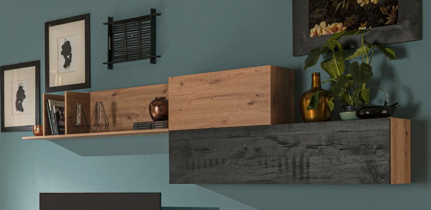 Parete attrezzata per soggiorno porta TV con ripiani ed ante Rovere e Nero 270 cm Casa e cucina/Arredamento/Soggiorno/Pareti attrezzate Decor Space - Altamura, Commerciovirtuoso.it