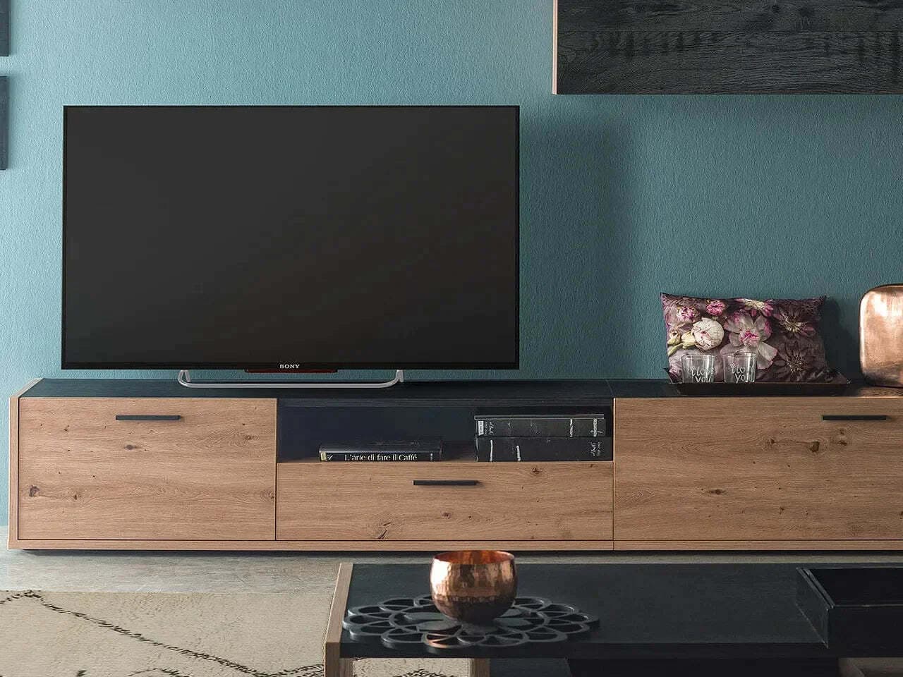 Parete attrezzata per soggiorno porta TV con ripiani ed ante Rovere e Nero 270 cm Casa e cucina/Arredamento/Soggiorno/Pareti attrezzate Decor Space - Altamura, Commerciovirtuoso.it