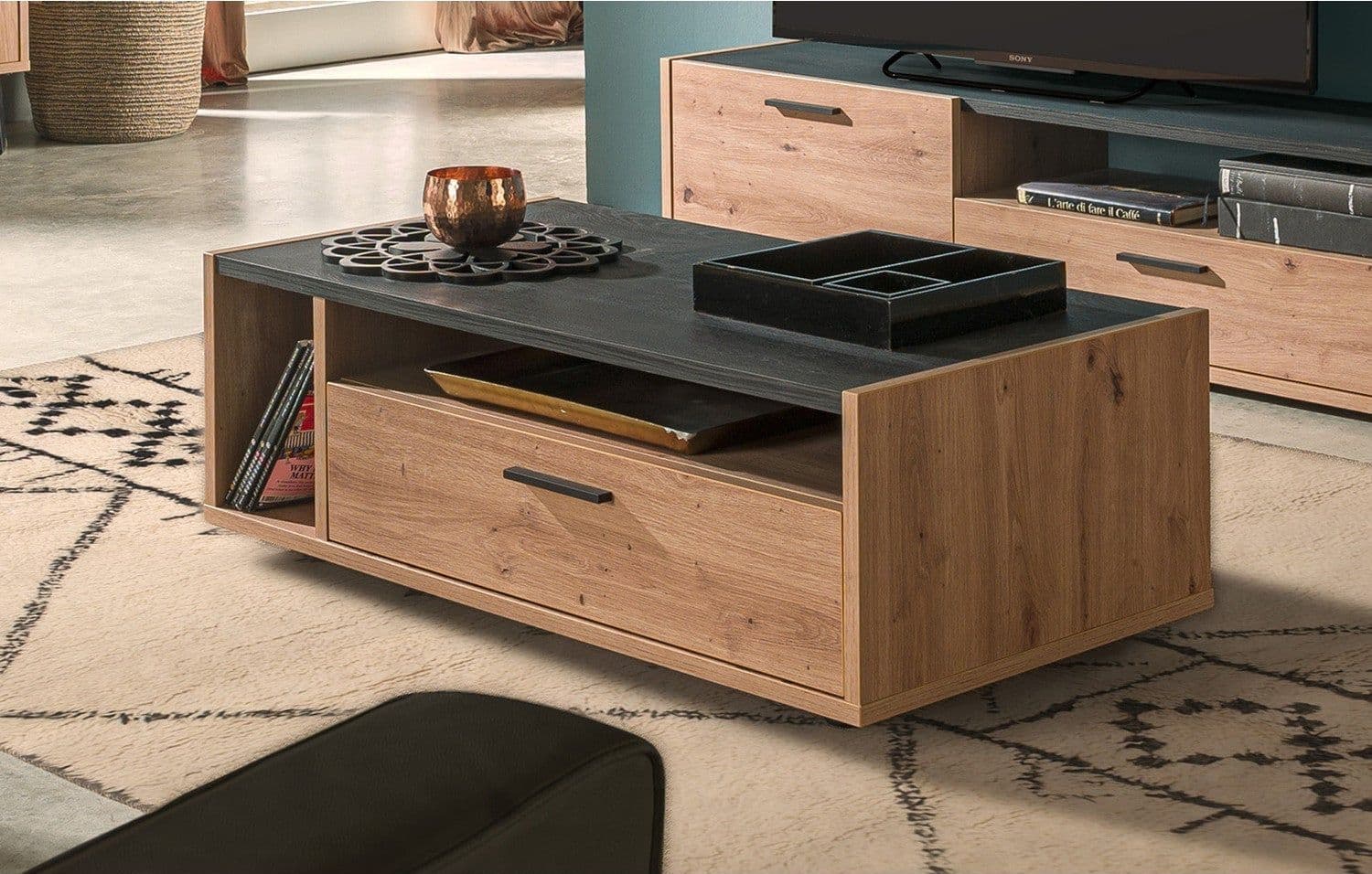 Tavolino da salotto Vitruvia Rovere e Nero con 1 cassetto "Made in Italy" in Console e tavoli da divano Decor Space - Altamura, commercioVirtuoso.it