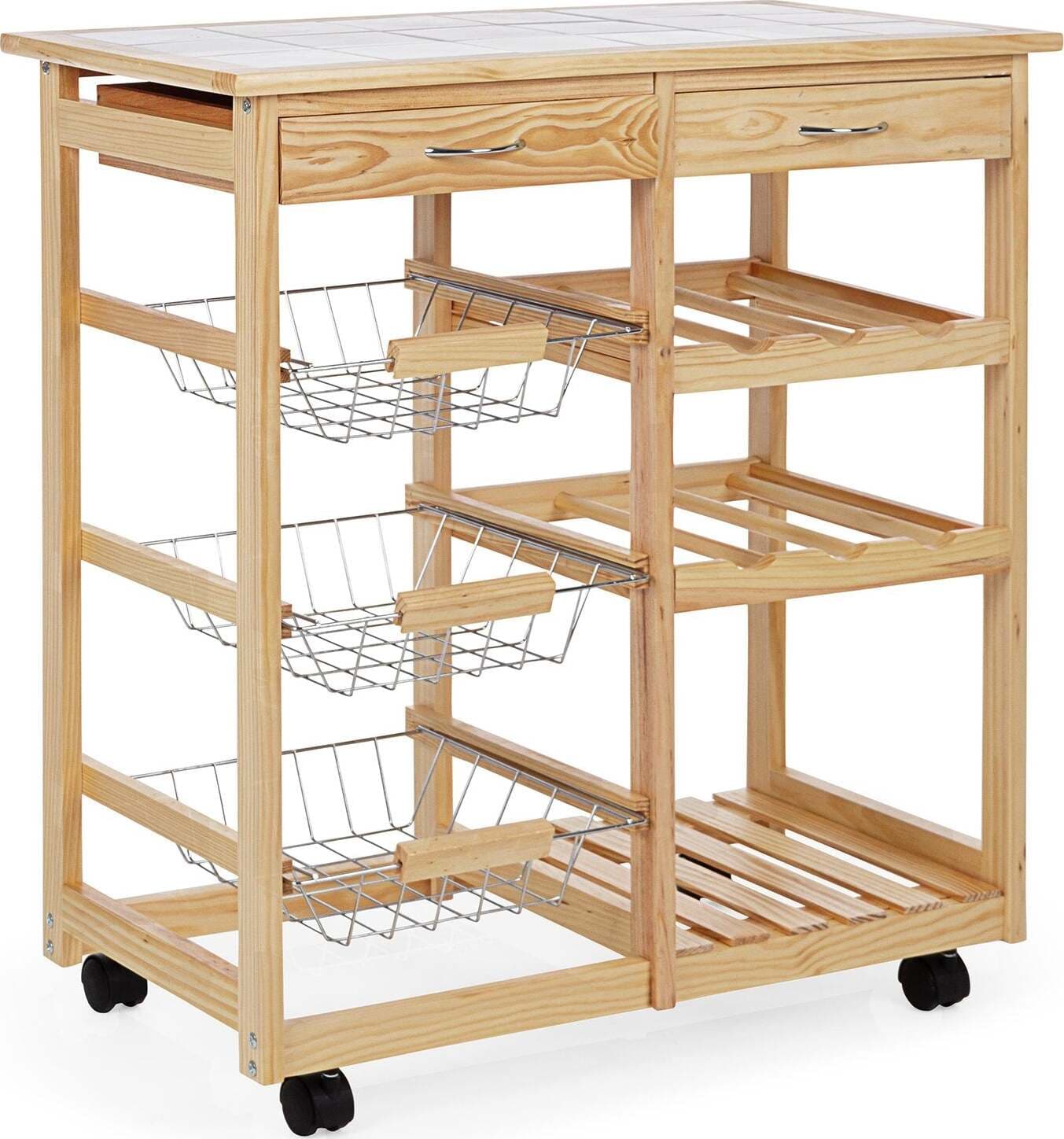 Carrello Con Ruote Da Cucina in Legno Con 2 Cassetti E 3 Ceste Portafrutta in Metallo, Porta Pane E Tagliere Casa e cucina/Organizzazione interni/Contenitori e barattoli da cucina/Portaoggetti e supporti/Carrelli portafrutta Decor Space - Altamura, Commerciovirtuoso.it