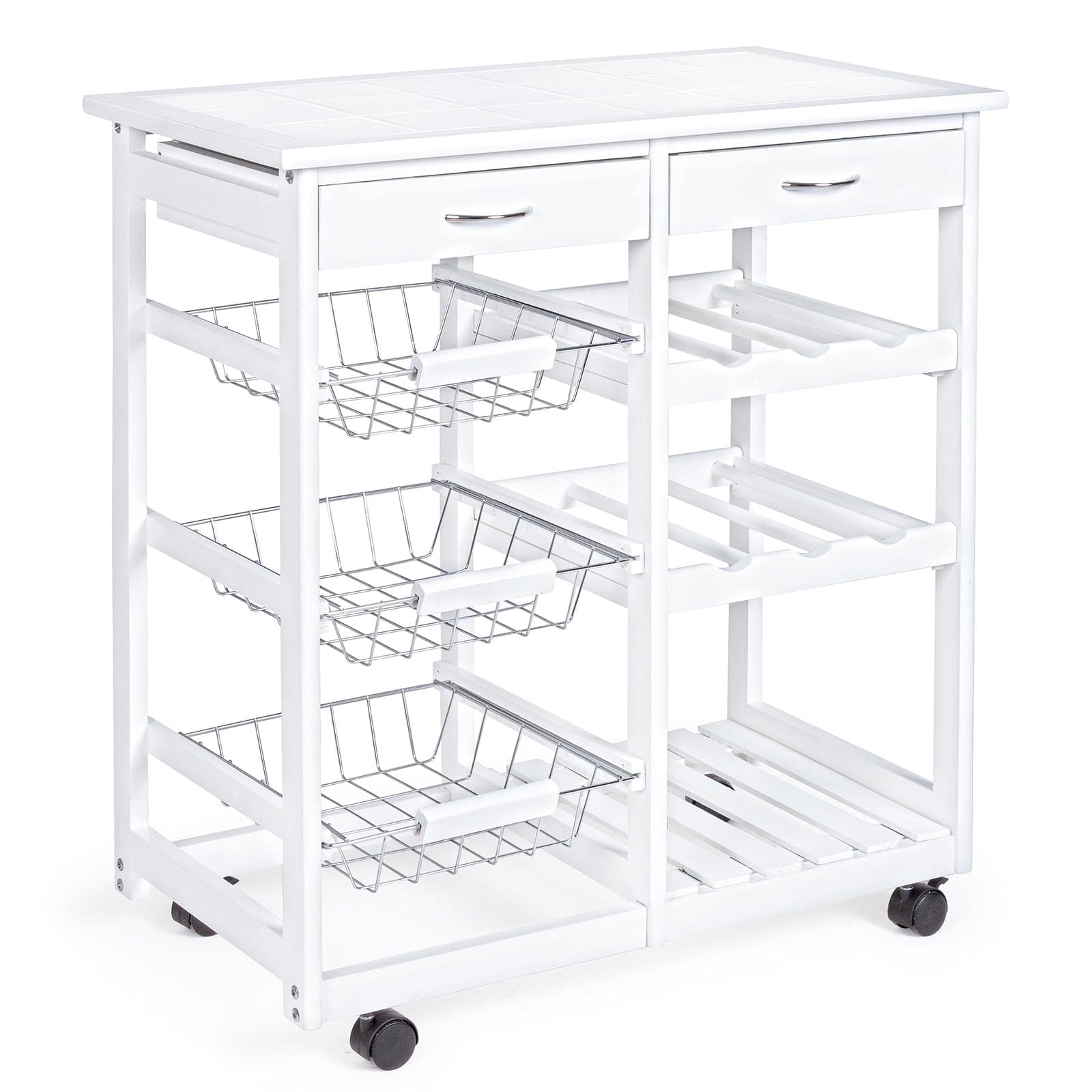 Carrello con ruote da cucina in Legno con 2 cassetti e 3 ceste portafrutta in metallo, porta pane e tagliere in Carrelli portafrutta Decor Space - Altamura, commercioVirtuoso.it