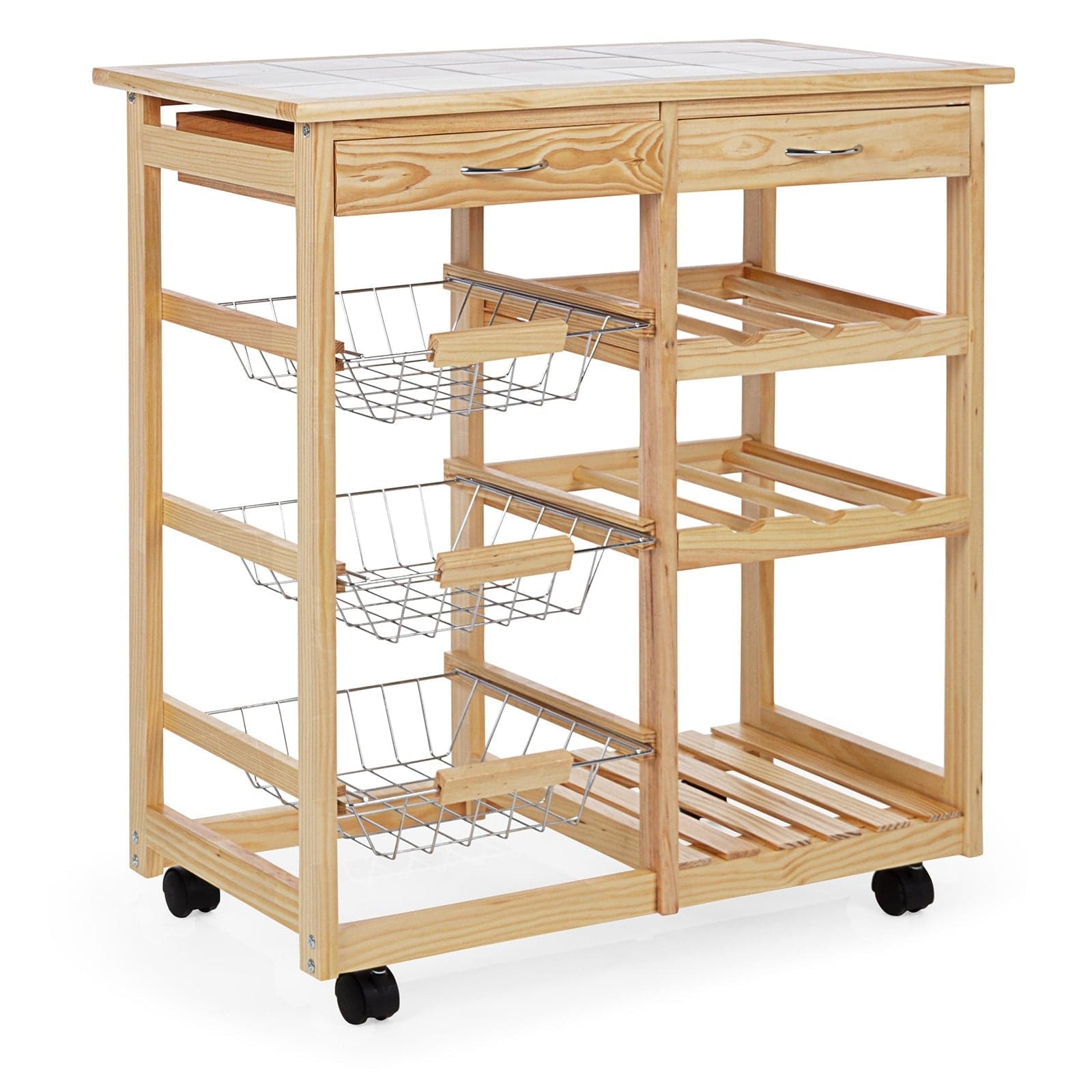 Carrello con ruote da cucina in Legno con 2 cassetti e 3 ceste portafrutta in metallo, porta pane e tagliere in Carrelli portafrutta Decor Space - Altamura, commercioVirtuoso.it