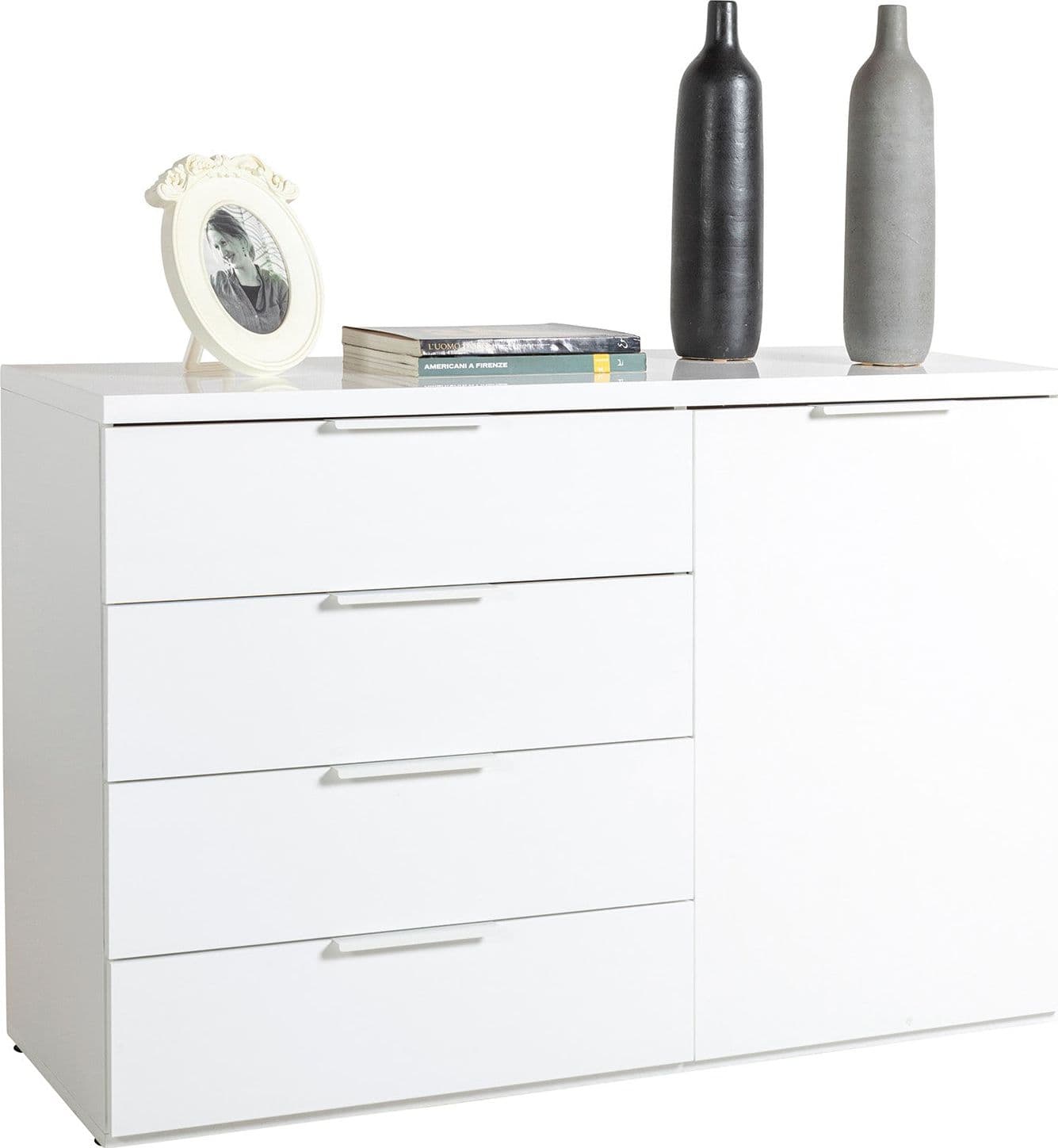 Cassettiera multiuso "Mundi" con 4 cassetti ed 1 anta Bianco Laccato h 82 cm Casa e cucina/Organizzazione interni/Porta oggetti cassetti e scaffali/Cassettiere Decor Space - Altamura, Commerciovirtuoso.it