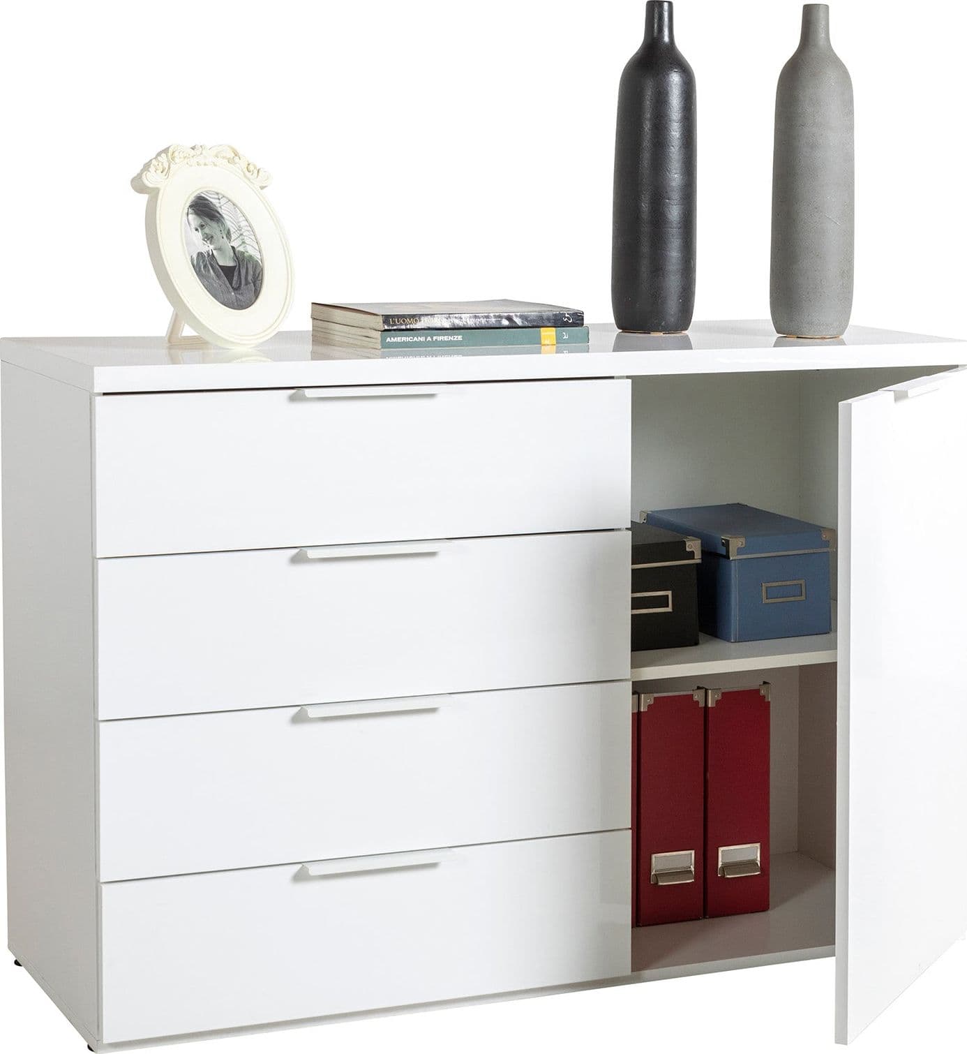 Cassettiera multiuso "Mundi" con 4 cassetti ed 1 anta Bianco Laccato h 82 cm in Cassettiere Decor Space - Altamura, commercioVirtuoso.it