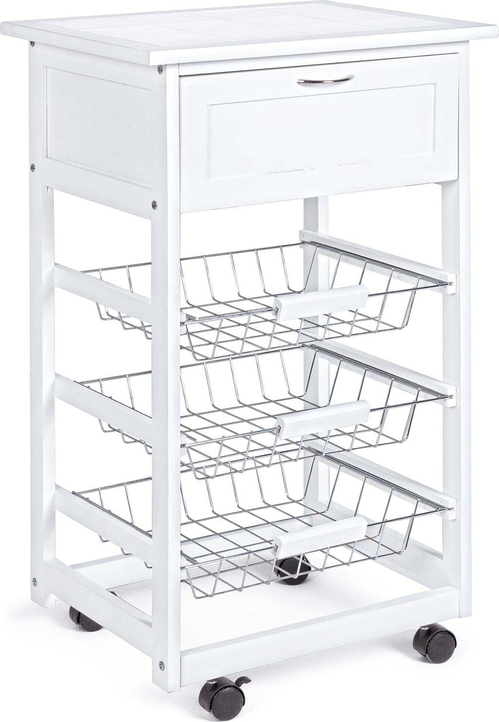 Carrello con ruote da cucina in Legno con 1 cassetto e 3 ceste portafrutta in metallo, porta pane e tagliere Casa e cucina/Decorazioni per interni/Accessori decorativi/Soprammobili Decor Space - Altamura, Commerciovirtuoso.it