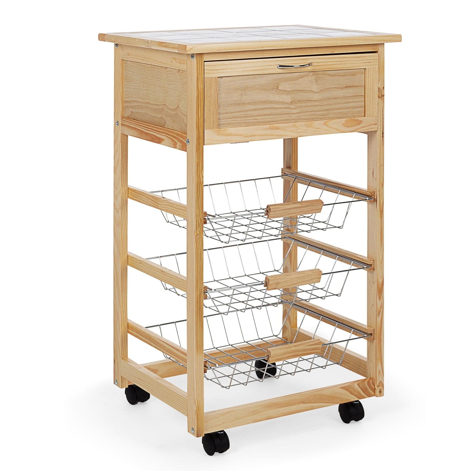 Carrello con ruote da cucina in Legno con 1 cassetto e 3 ceste portafrutta in metallo, porta pane e tagliere in Soprammobili Decor Space - Altamura, commercioVirtuoso.it