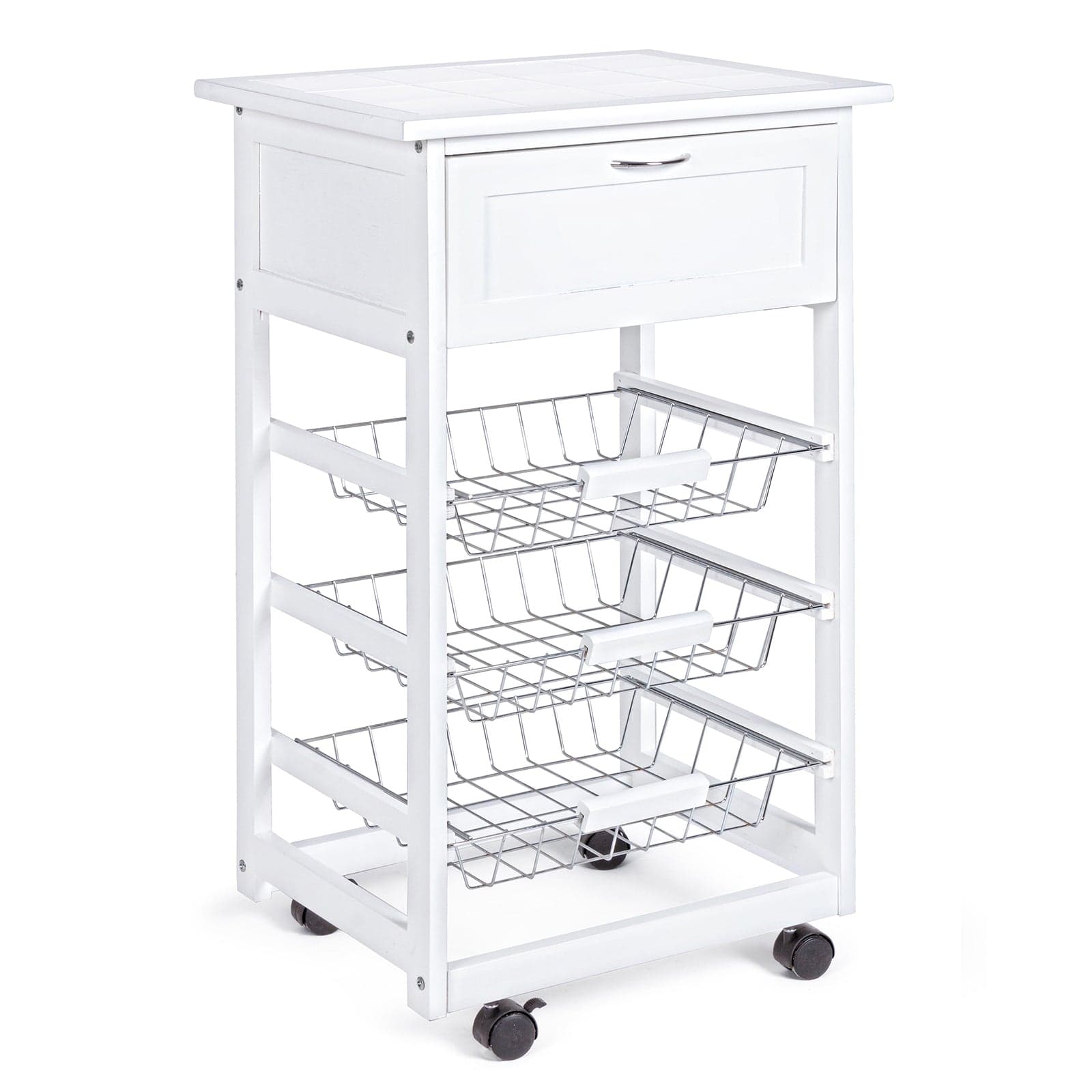Carrello con ruote da cucina in Legno con 1 cassetto e 3 ceste portafrutta in metallo, porta pane e tagliere in Soprammobili Decor Space - Altamura, commercioVirtuoso.it