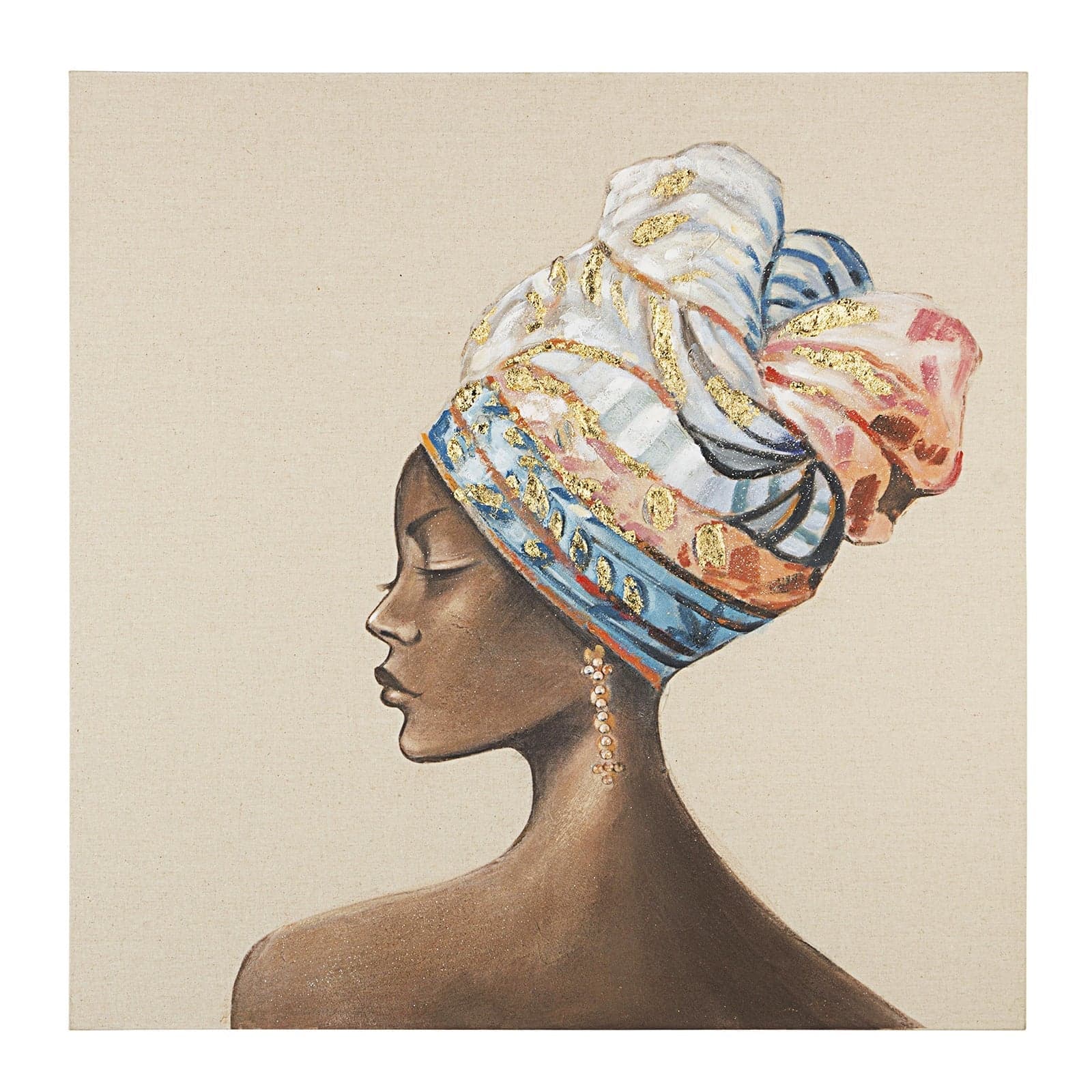 Quadro moderno donna africana con turbante Olio su tela Oro su Beige 80 X 80 cm Village in Poster e stampe Decor Space - Altamura, commercioVirtuoso.it