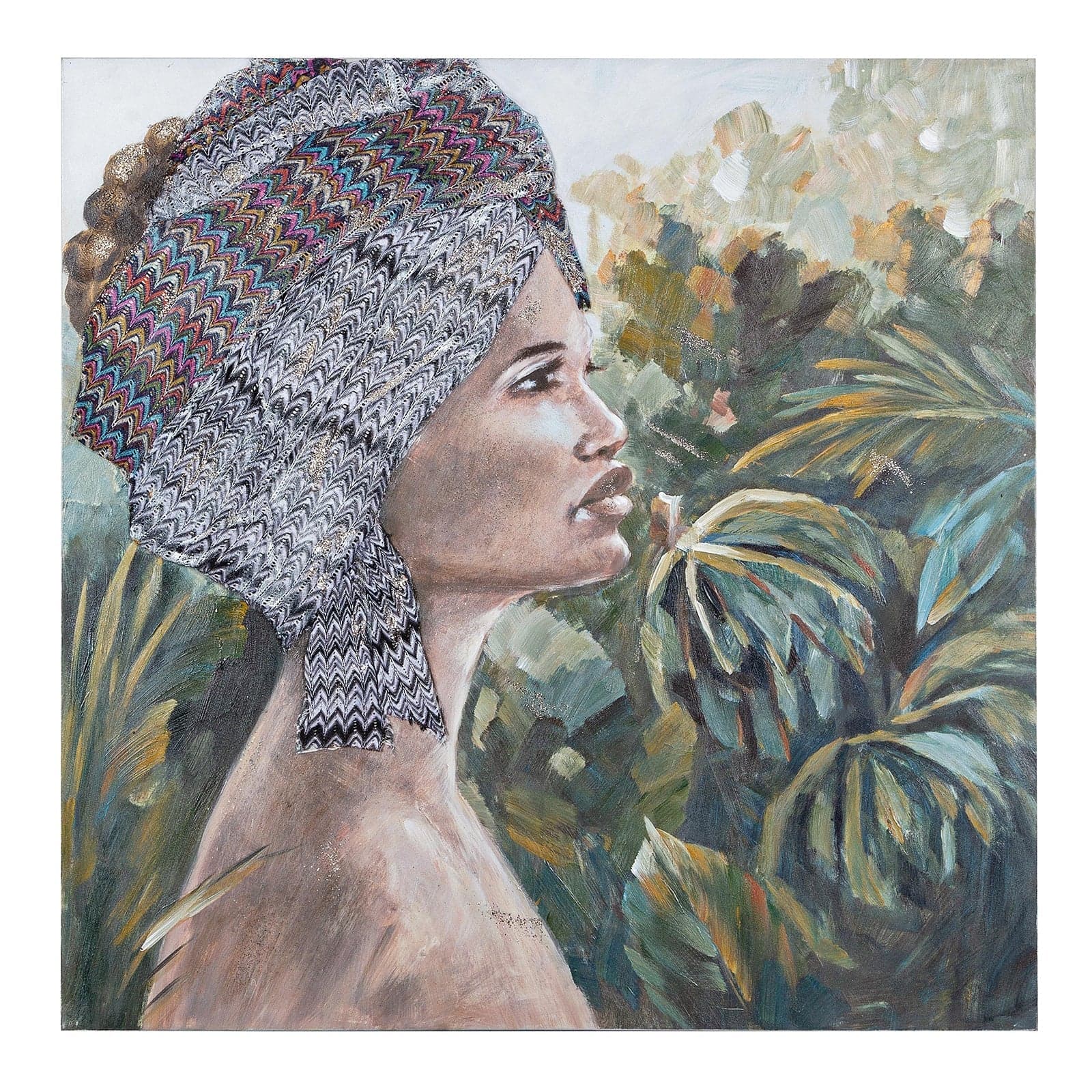 Quadro moderno donna africana con turbante nei campi Olio su tela 100 X 100 cm Village in Poster e stampe Decor Space - Altamura, commercioVirtuoso.it