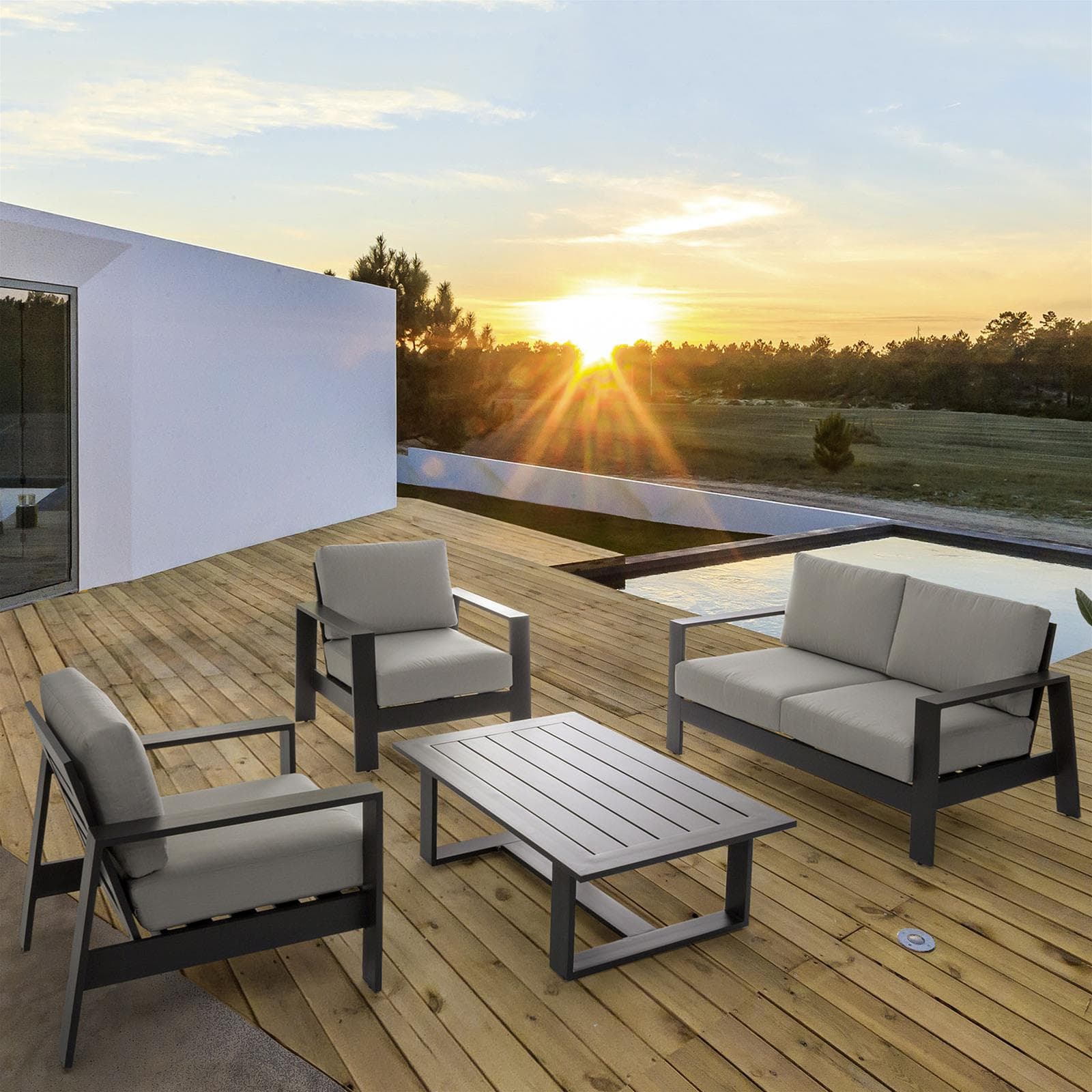 Salottino Moderno "Atlantic" in alluminio antiruggine con cuscini da giardino e veranda per esterno in Set di mobili Decor Space - Altamura, commercioVirtuoso.it