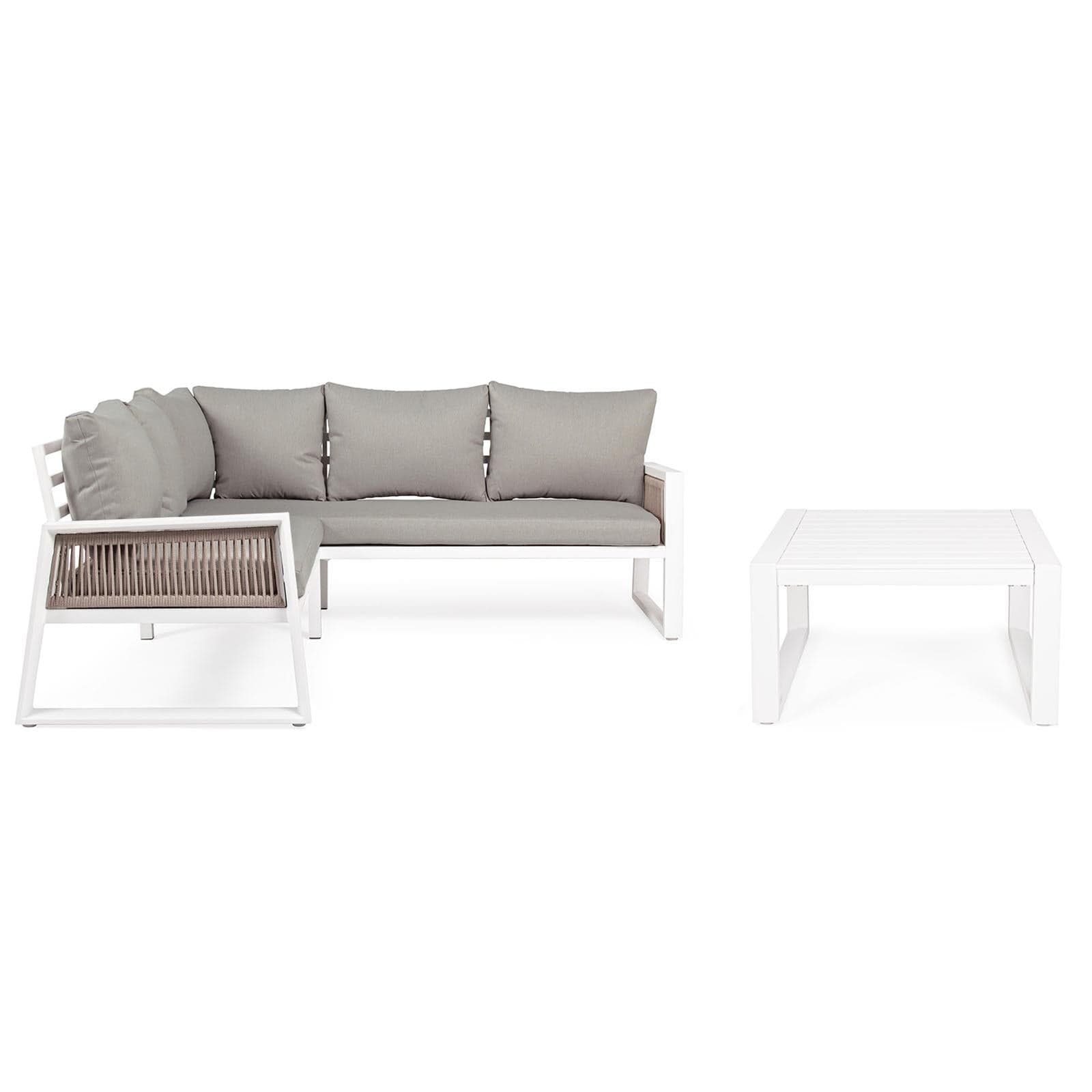Salottino Angolare Da Giardino "captiva" Bianco in Alluminio Con Corde Sintetiche Tortora Giardino e giardinaggio/Arredamento da giardino e accessori/Set di mobili Decor Space - Altamura, Commerciovirtuoso.it
