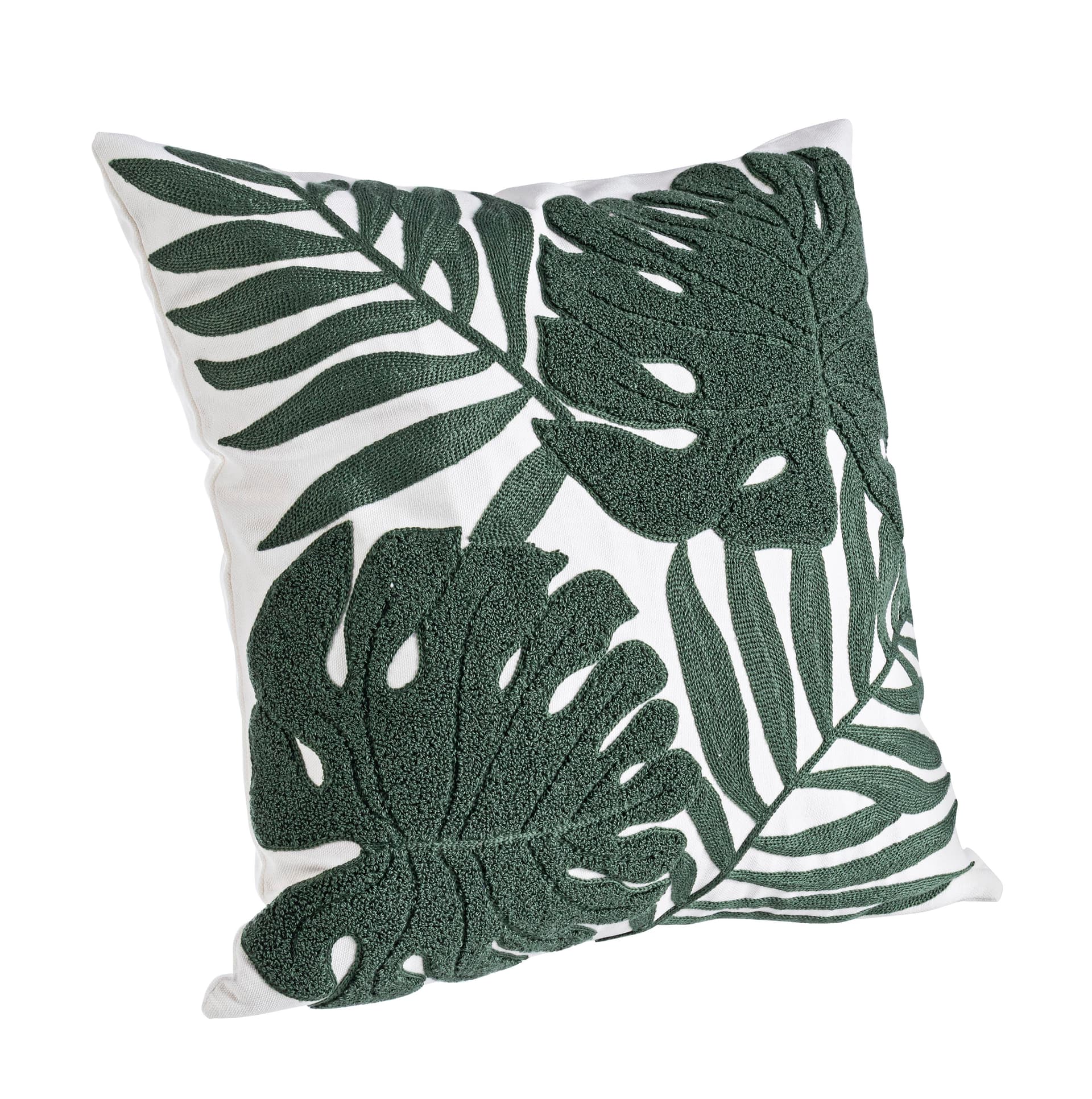 Cuscino imbottito per divano con ricamo foglie verdi 45x45cm con effetto velluto in Cuscini per divani Decor Space - Altamura, commercioVirtuoso.it